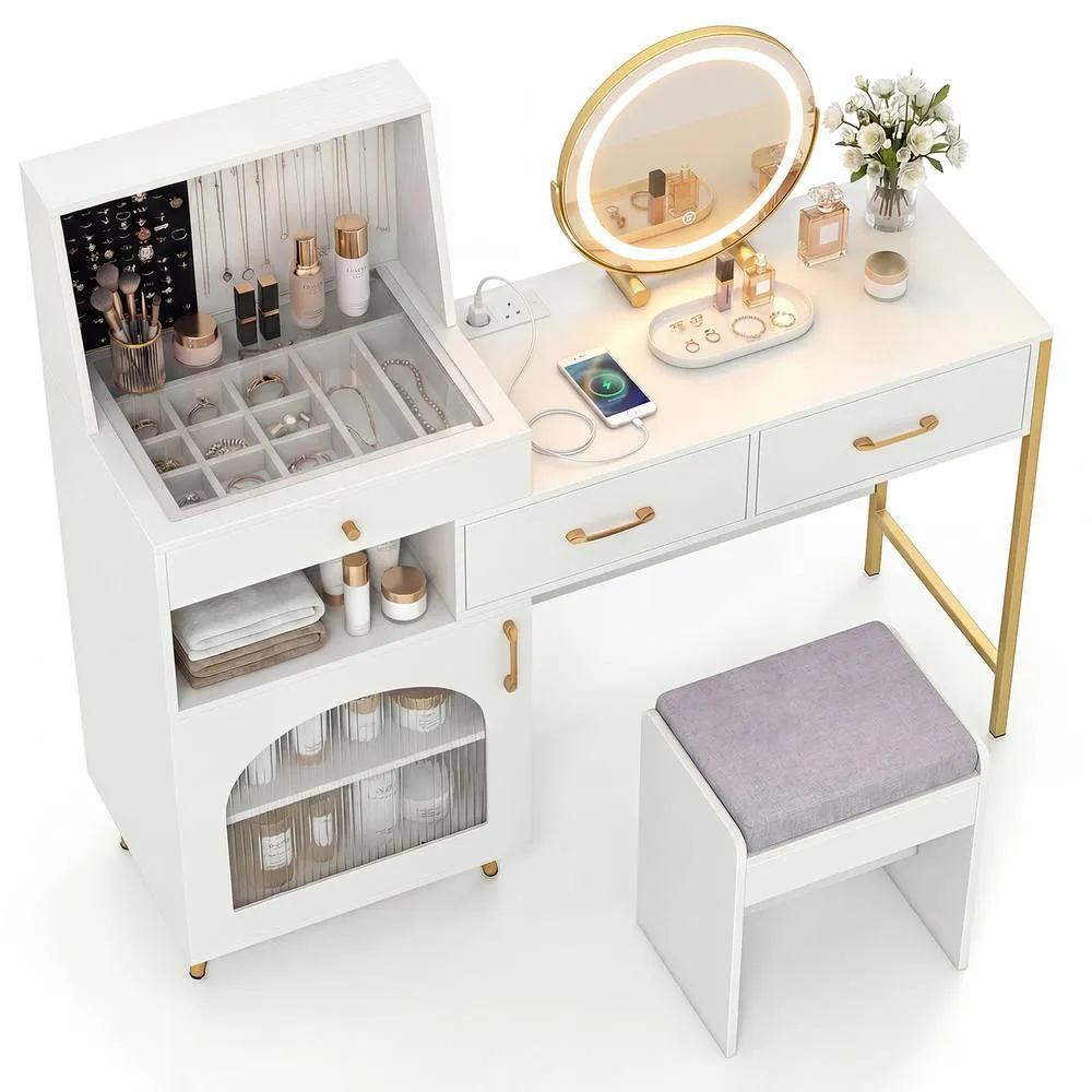 Costway Vanity Desk Set w/ Mirror & Lights Makeup Dressing Table w/ Stool in White