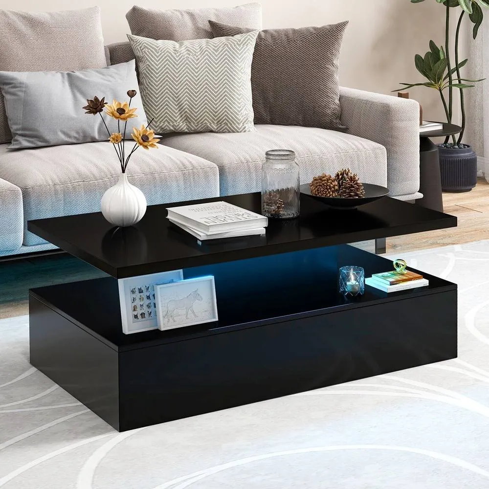 Costway Modern 2Tier Coffee Table Center Table w/ Adjustable LED light in Black 3