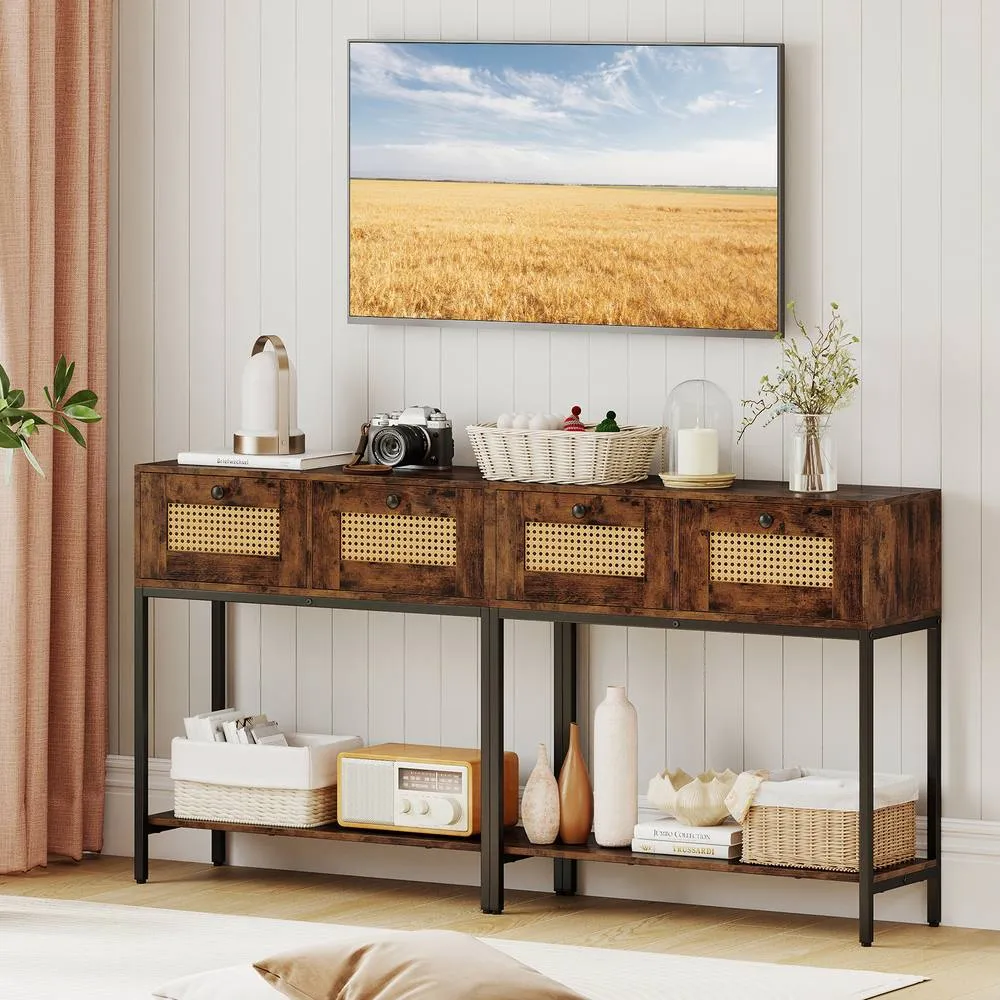 Costway 80CM Boho Console Table Modern Wooden Entryway Table w/2 Drawers in Brown 5