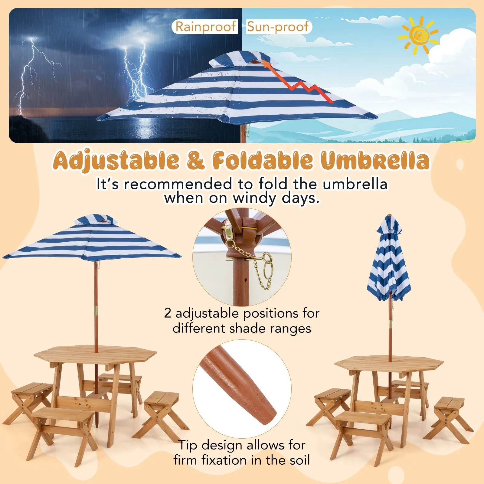 Costway Wooden Octagon Table Set Picnic Table & 4 Chairs with Umbrella in Natural 4