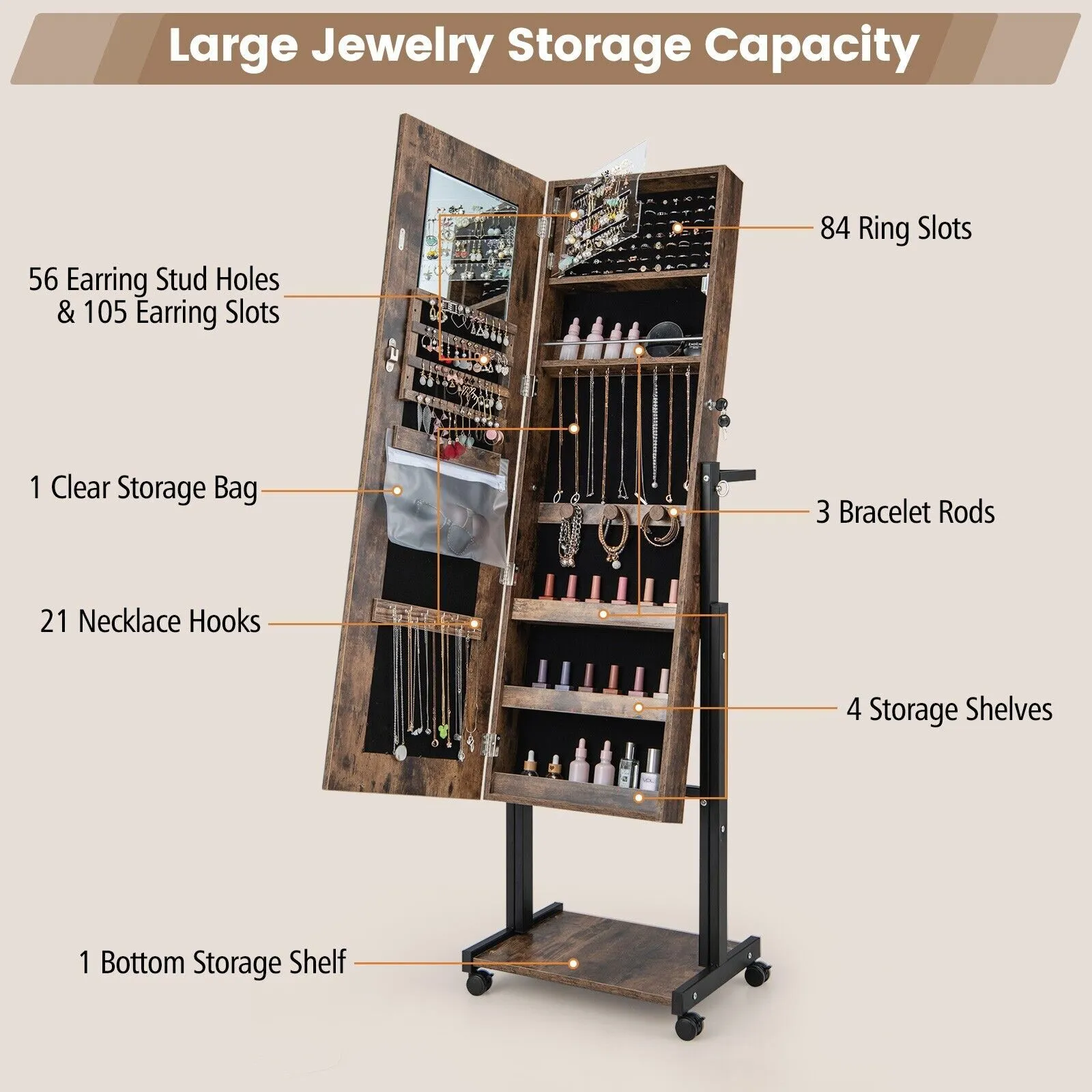 Costway Height Adjustable Jewelry Cabinet Standing Jewelry Armoire w/ 3-Color LED Mirror & Wheels in Brown 5
