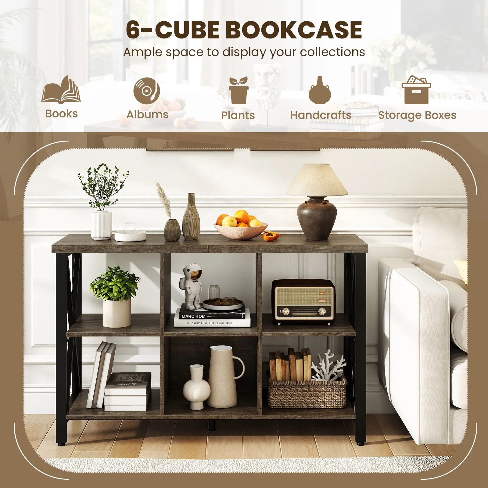 Costway 6-Cube Storage Organizer 120CM Wide Bookshelf w/Open Compartments in Grey 3