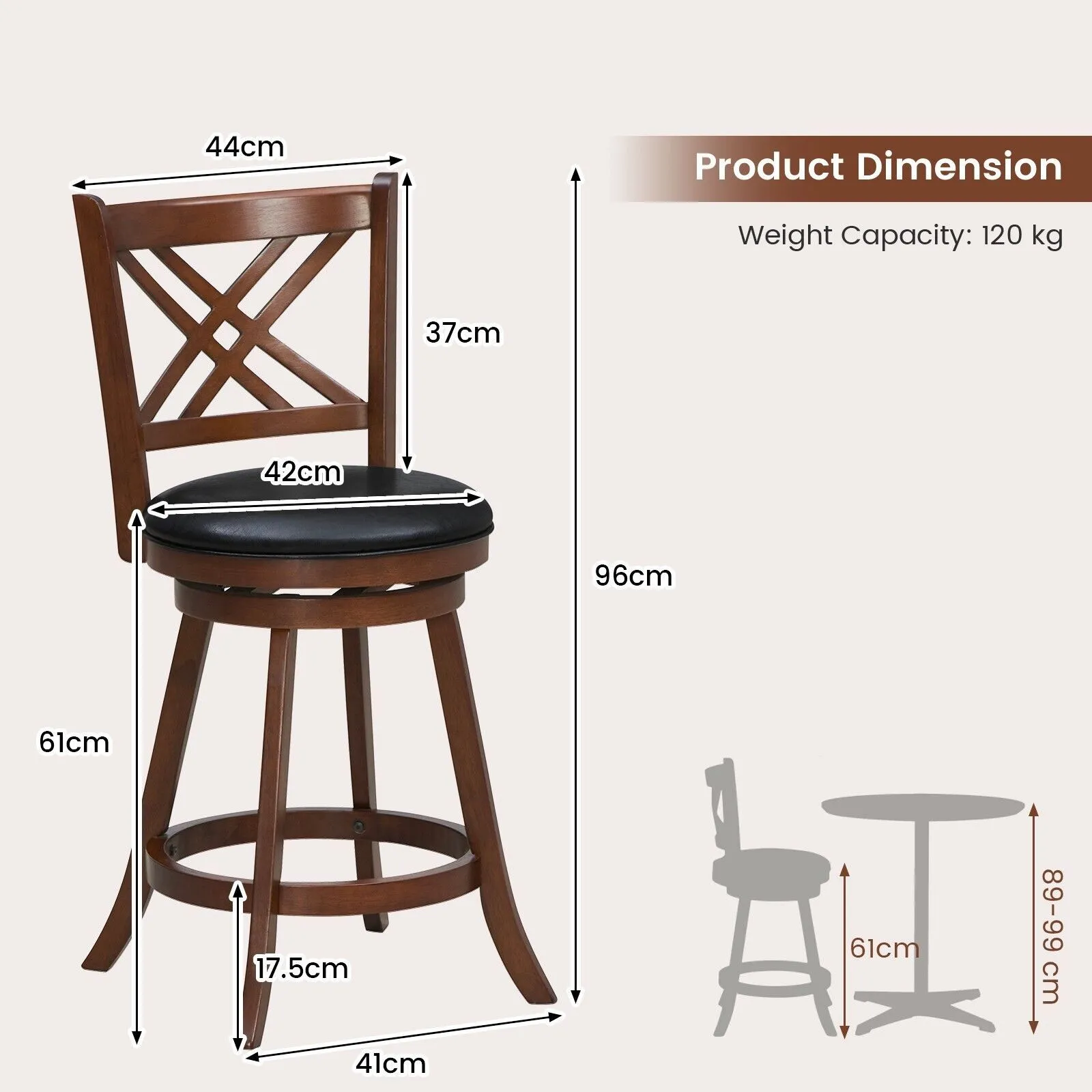 Costway Set of 2 Bar Stools Counter Height Chair Pub 360 Swiveling Upholstered Seat 24" in Brown 2