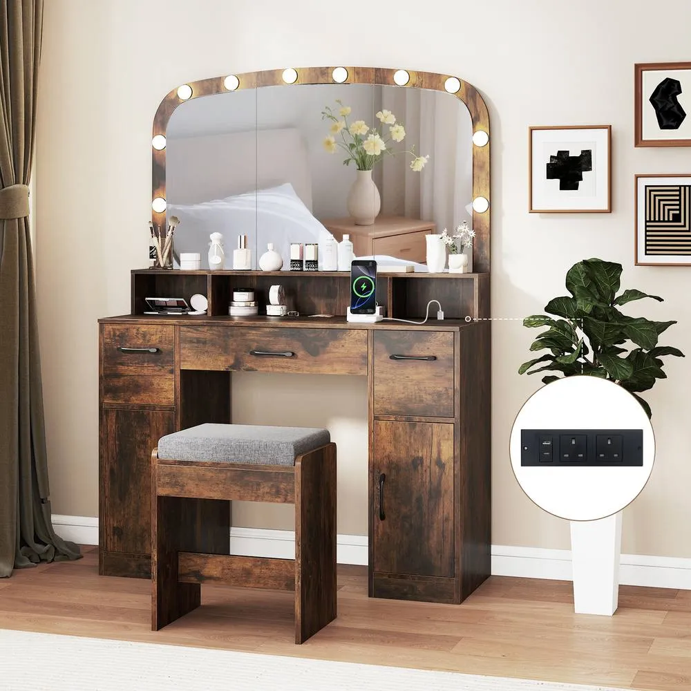 Costway 108 CM Wide Dressing Table Vanity Desk with Stool in Brown 4