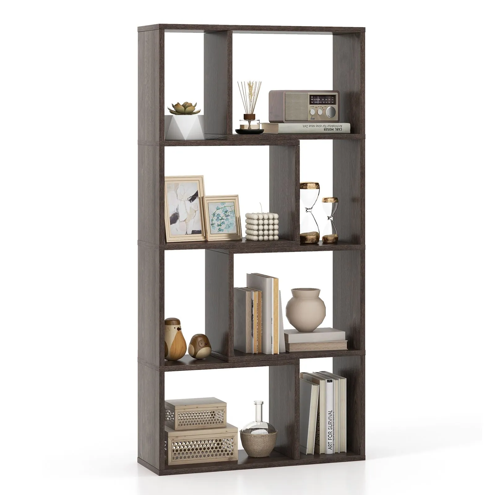 Costway 5-Tier Geometric Bookshelf 120 CM Tall Bookcase Modern 8-Cube Display Shelving in Grey