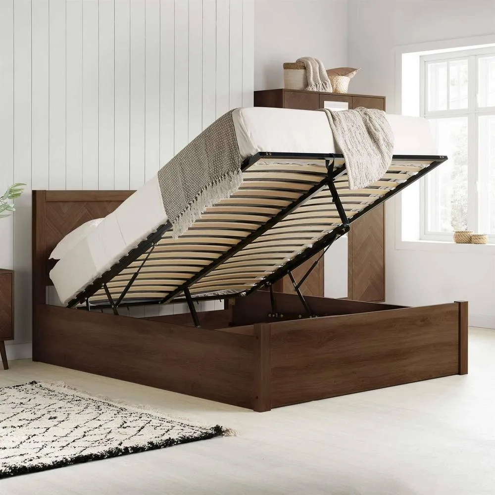 Birlea Double Ottoman Bed Frame Walnut Herringford 4ft6 135cm Chevron Parquet in Brown 2