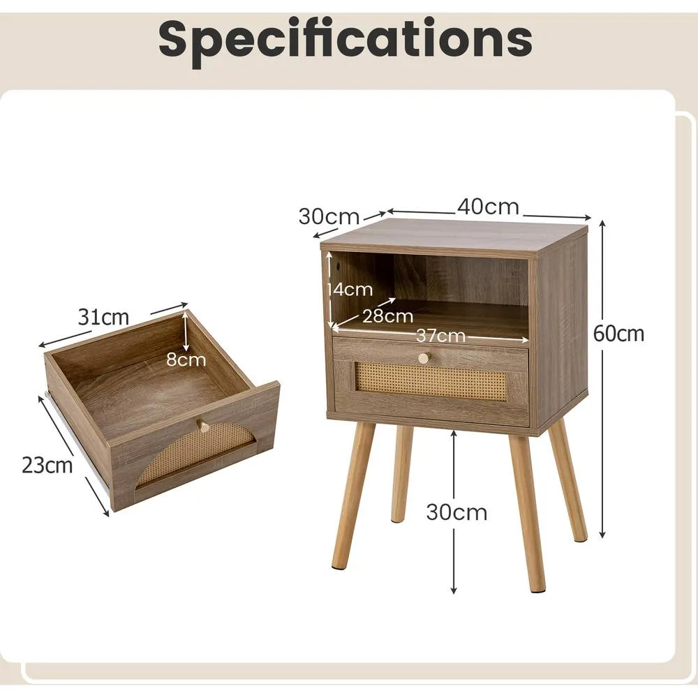 Costway Rattan Nightstand Boho End Table Drawer Shelf-Natural in Brown 4