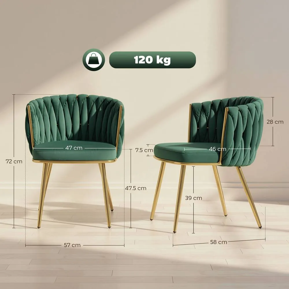 HOMCOM Upholstered Kitchen Chairs Set of 2 with Woven Backrest in Dark Green 3