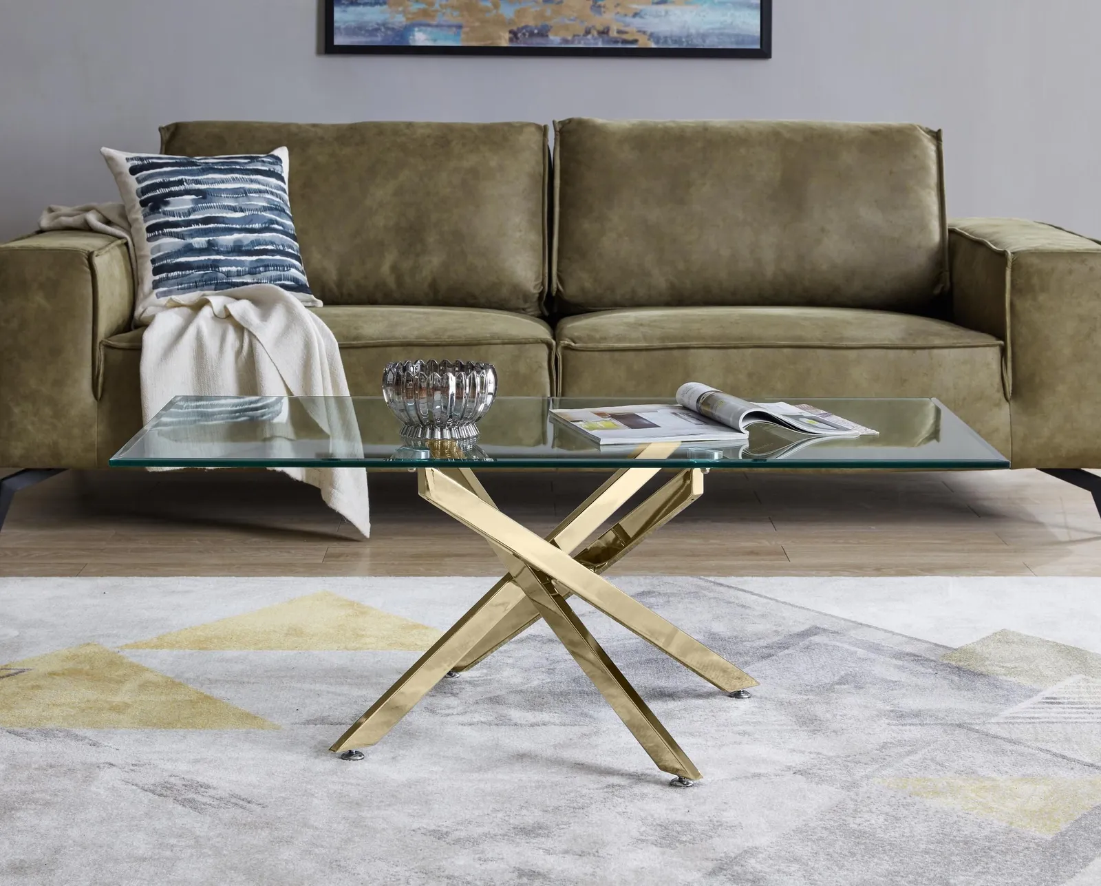 FurnitureboxUK Leonardo Rectangular Glass Coffee Table with Metal Angled Starburst Legs for Modern Living Rooms in Gold 2