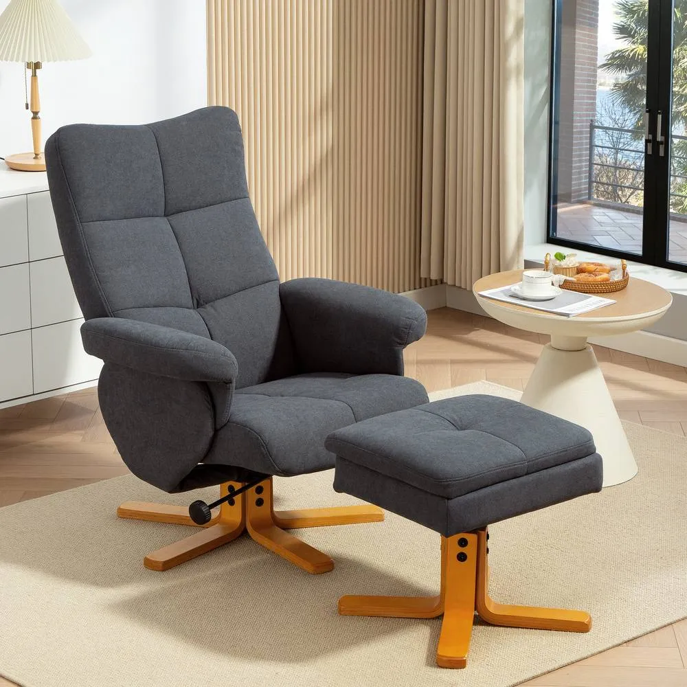 HOMCOM Linen Recliner Chair & Footstool Wooden Base Grey 2