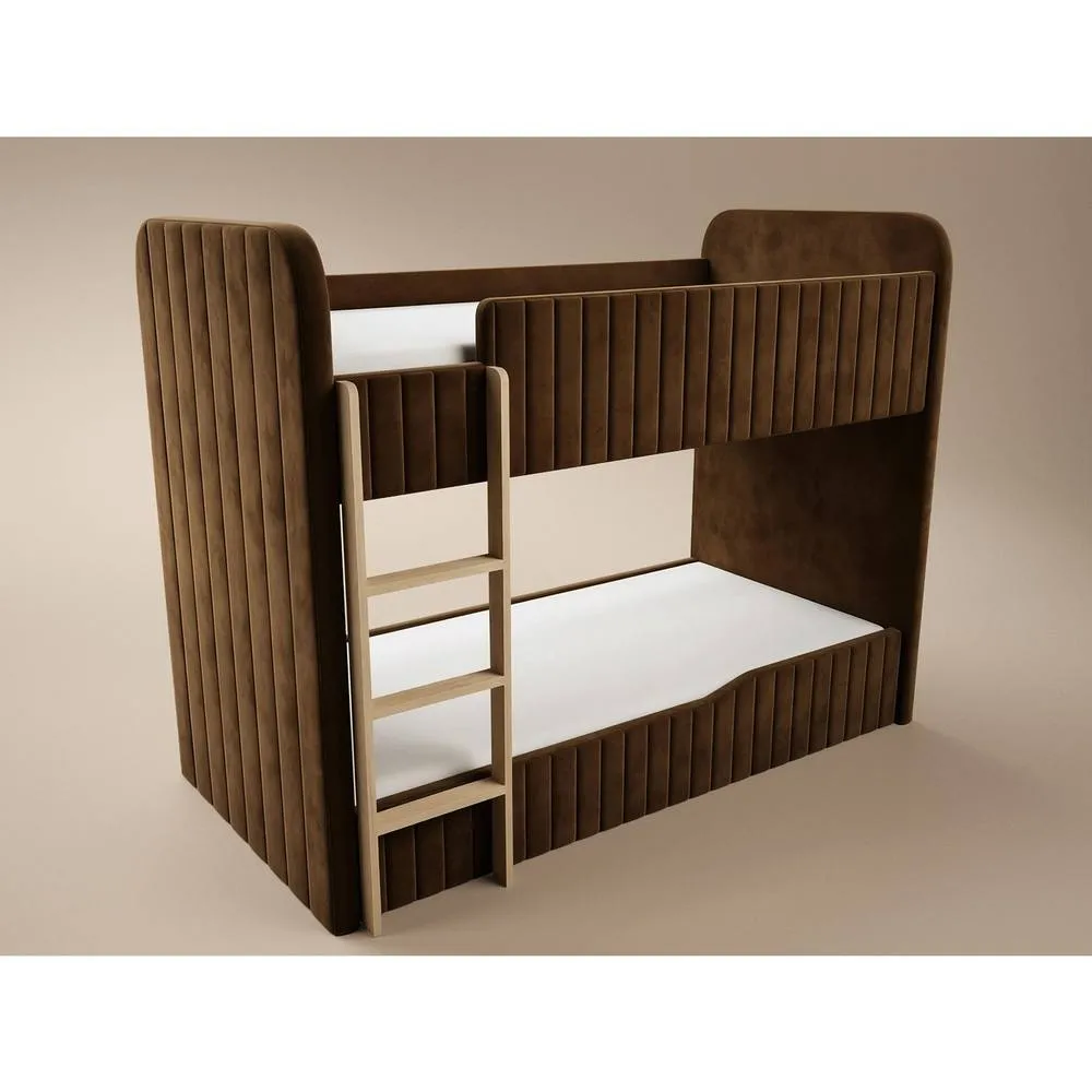 Flair Venna Single Upholstered Bunk Bed with Wooden Ladder in Brown 3