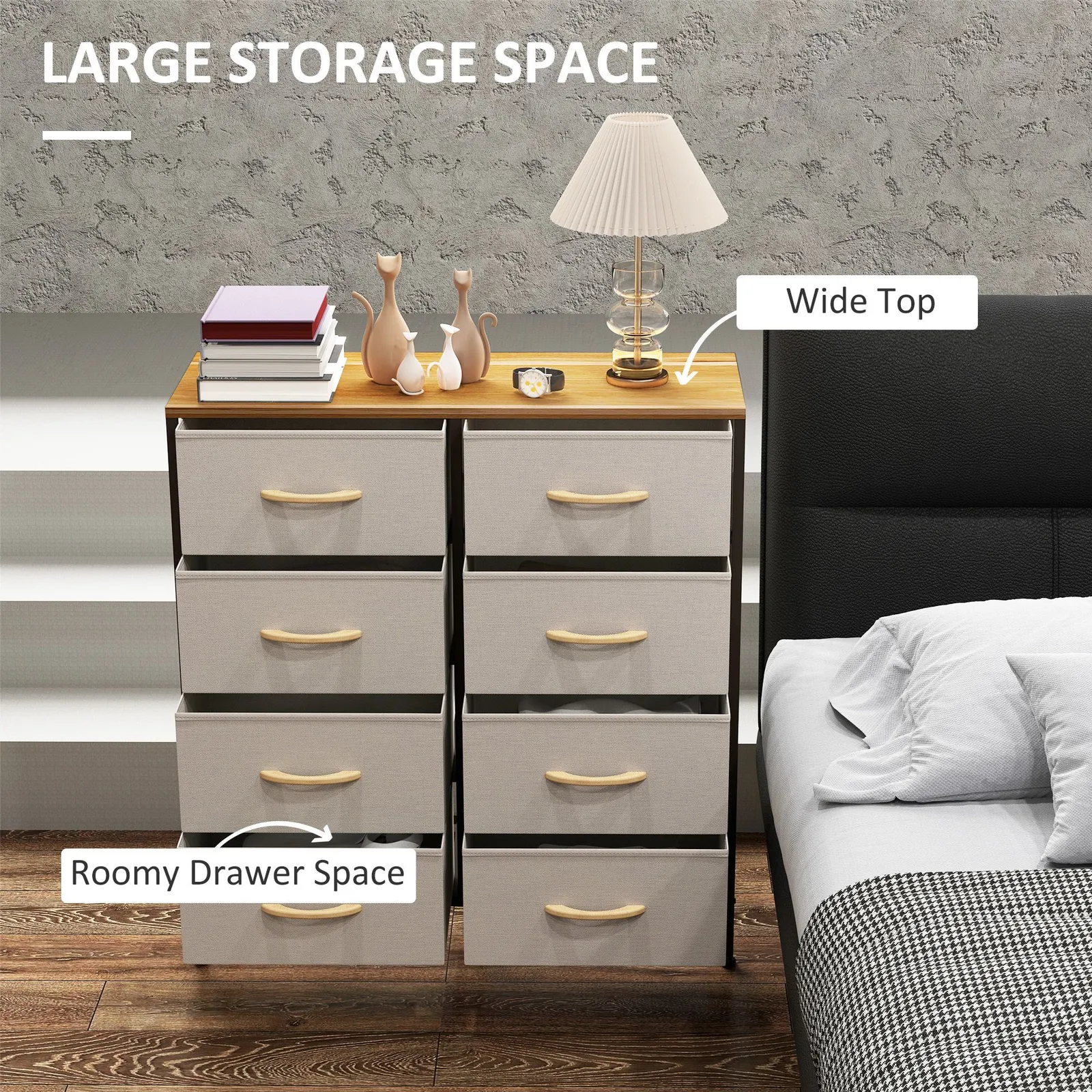 HOMCOM 8 Drawer Fabric Chest of Drawers w/ Wooden Top for Hallway Cream in Off-White 4