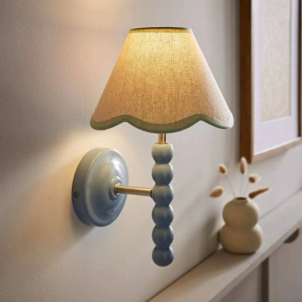 ValueLights Bobbins Pair Blue Bobble Wall Lights & Linen Pastel Trim Lamp Shades in Pale Green 2