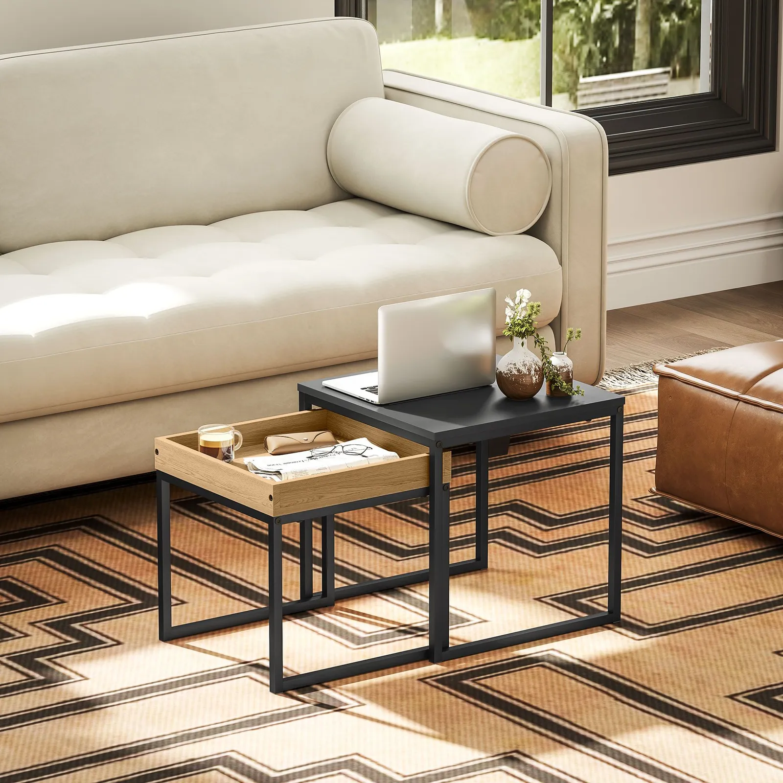 HOMCOM Modern Coffee Table Set Square Nest of Tables for Small Space in Black 6
