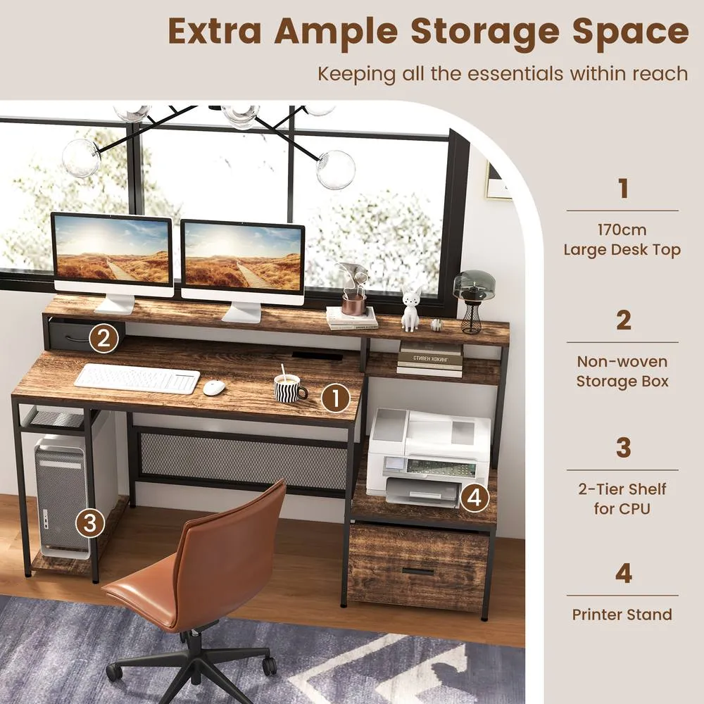 Costway 170CM Computer Desk Monitor Stand Writing Table W/ Power Outlets in Brown 3