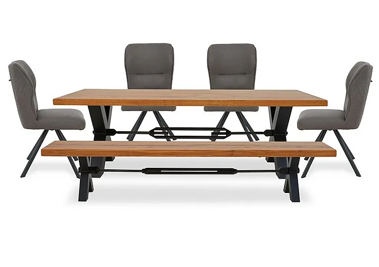 Terra Straight Edge Dining Table with Tension Bolt X-Leg, Bench and 4 Steel Fabric Swivel Chairs - 220-cm