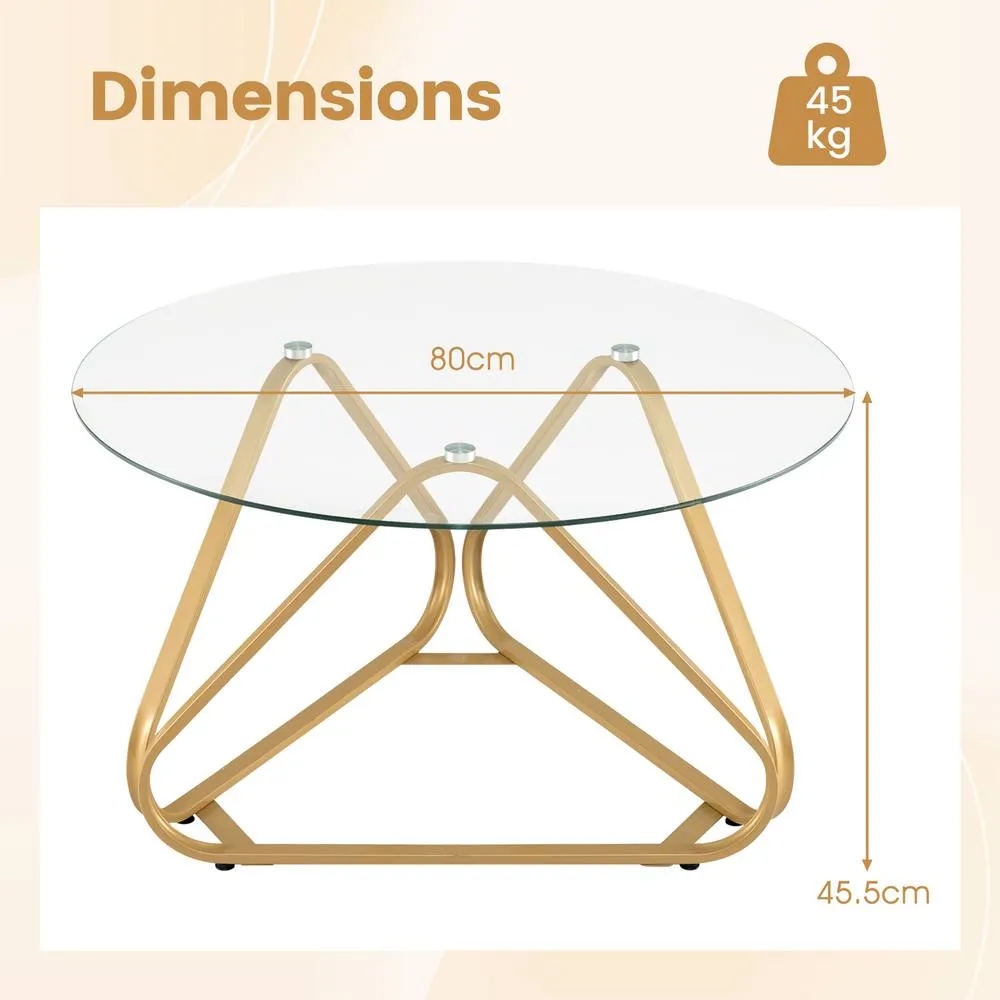 Costway Tempered Glass Coffee Table Round Accent Table Center Cocktail Table in Gold 2