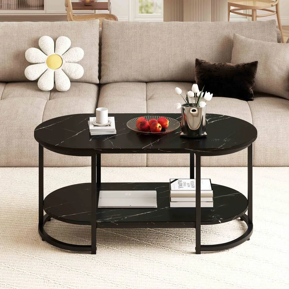 Costway Marble Coffee Table Modern 2-Tier Center Table with Shelf-Black in Black 6