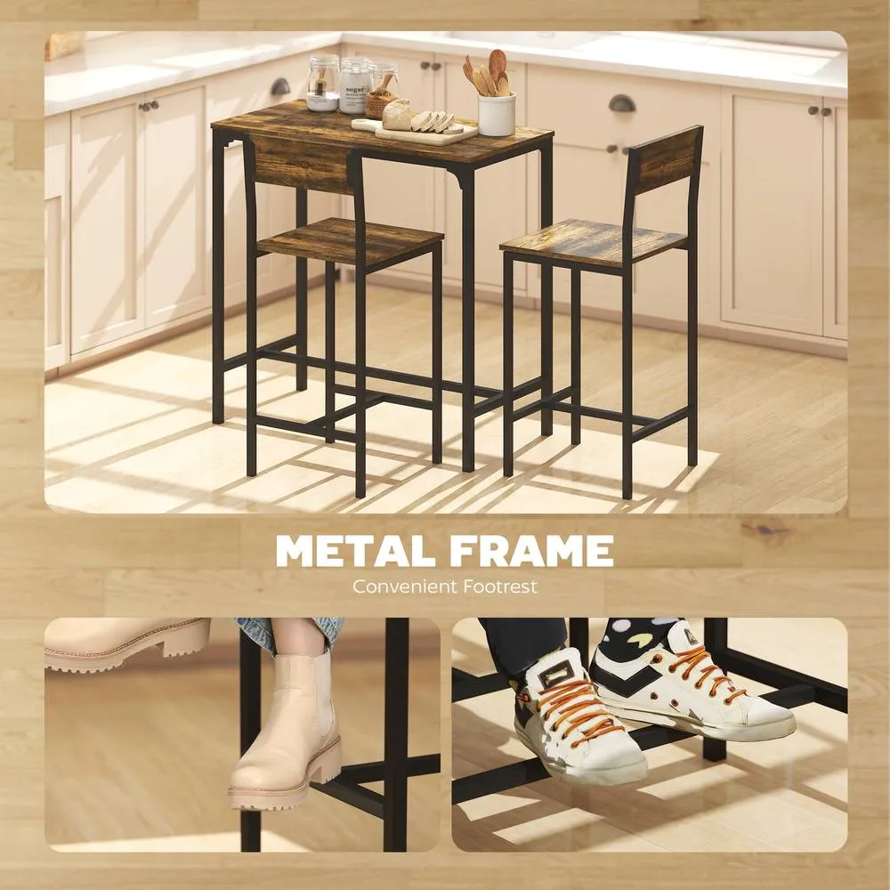 HOMCOM 3-Piece Bar Table Set with 2 Stools, Footrest in Dark Brown 4
