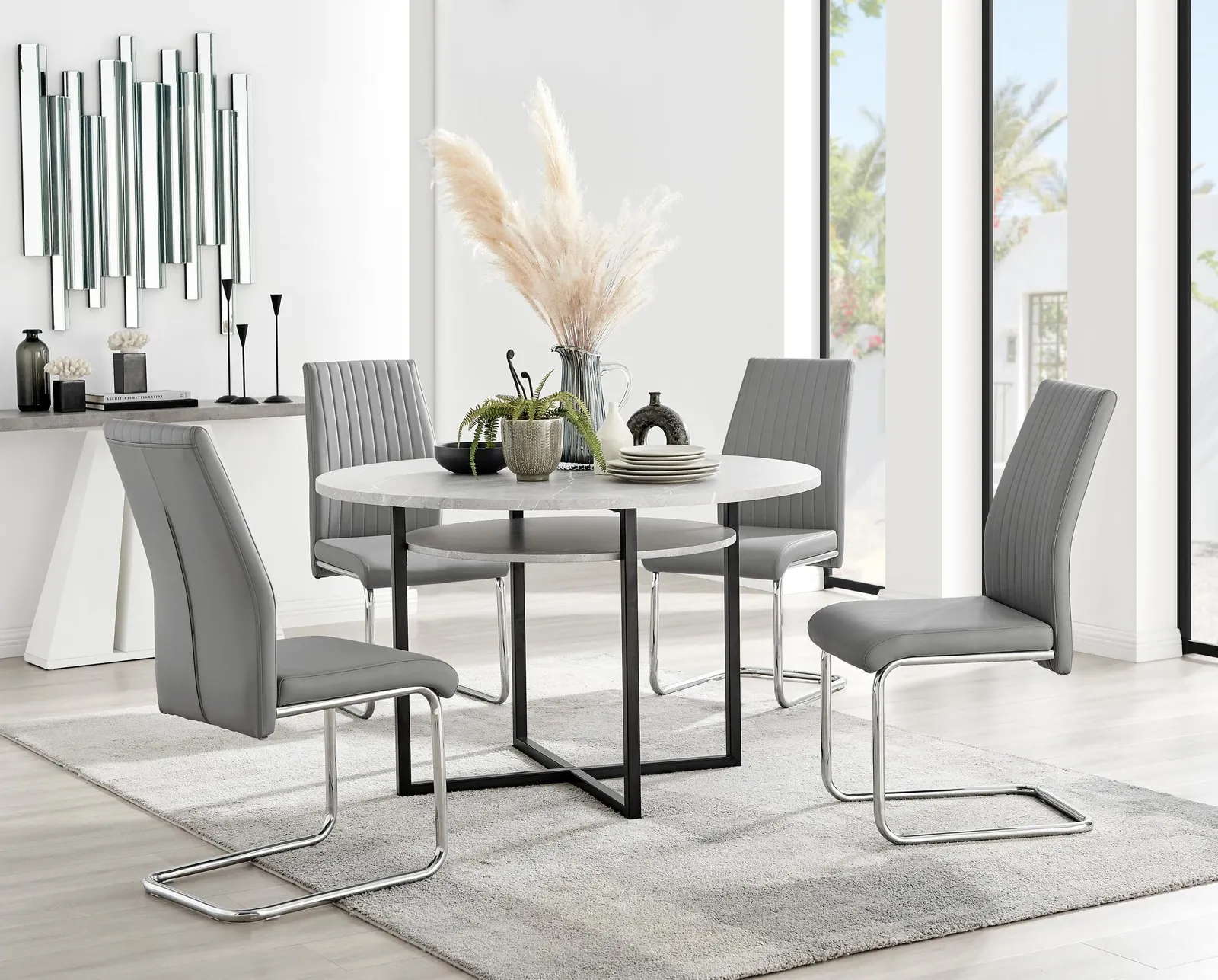 FurnitureboxUK Adley Grey Concrete Effect Round Dining Table & 4 Lorenzo Faux Leather Chairs 1