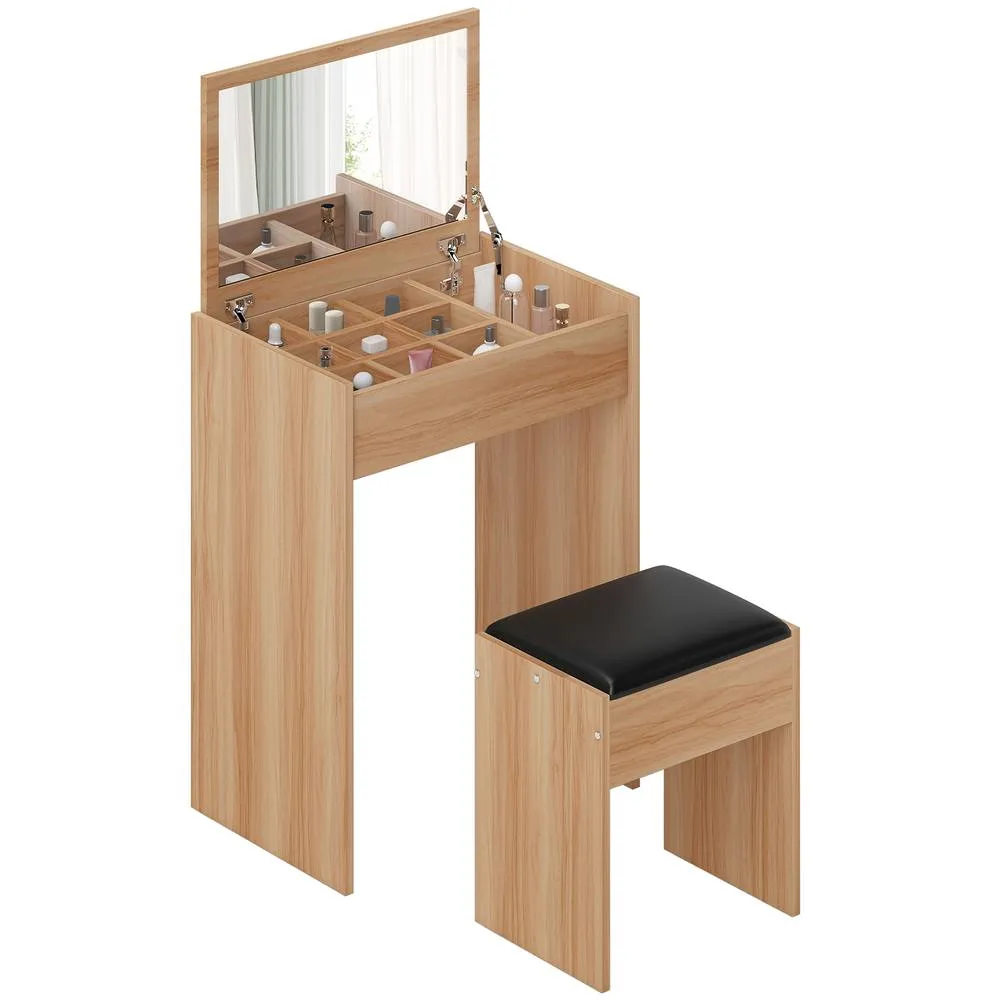 HOMCOM Dressing Table Set Padded Stool with Flip-up Mirror Multi-purpose in Natural 2