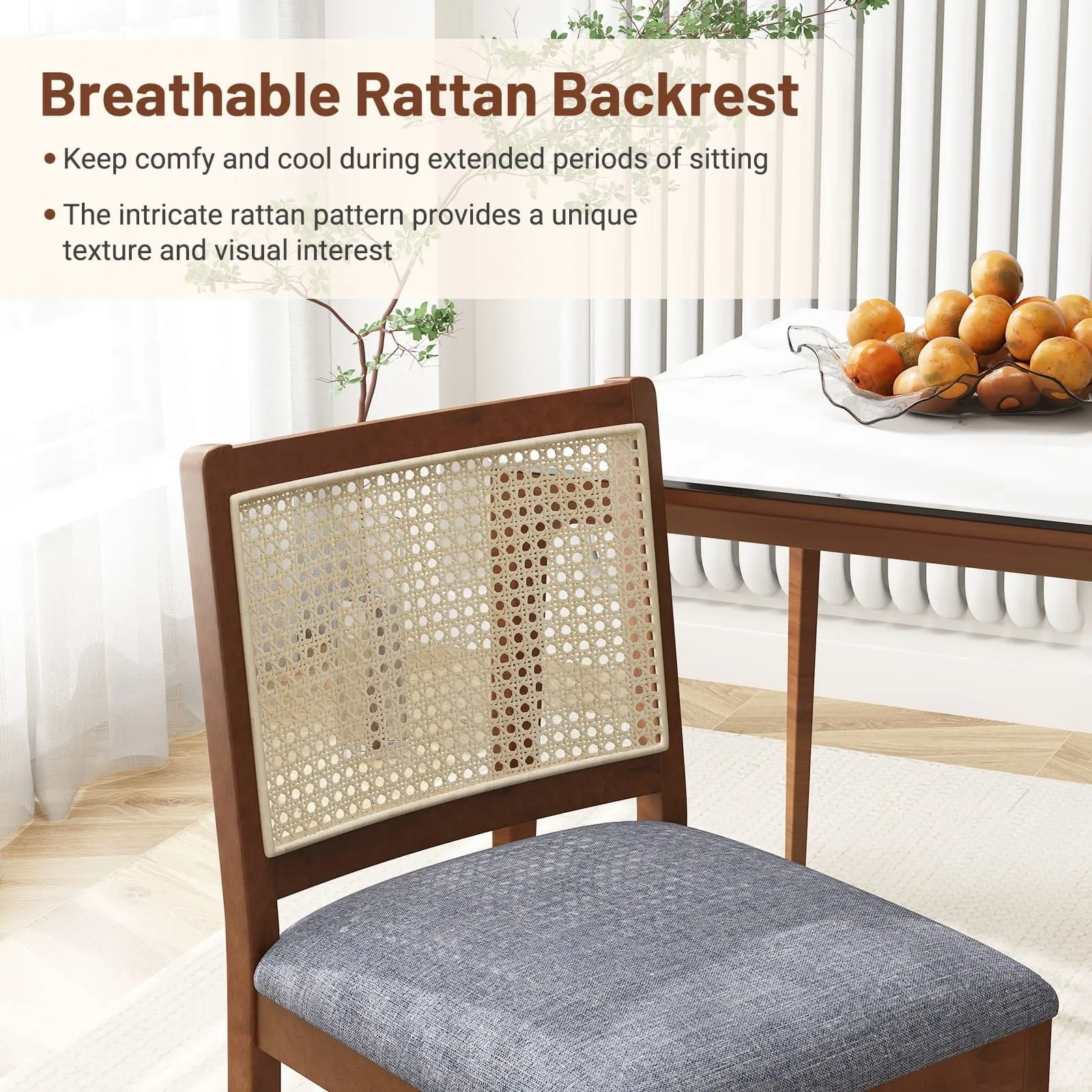 Costway Rattan Dining Chair Set of 2 Wooden Upholstered Kitchen Chairs-Brown in Brown 6