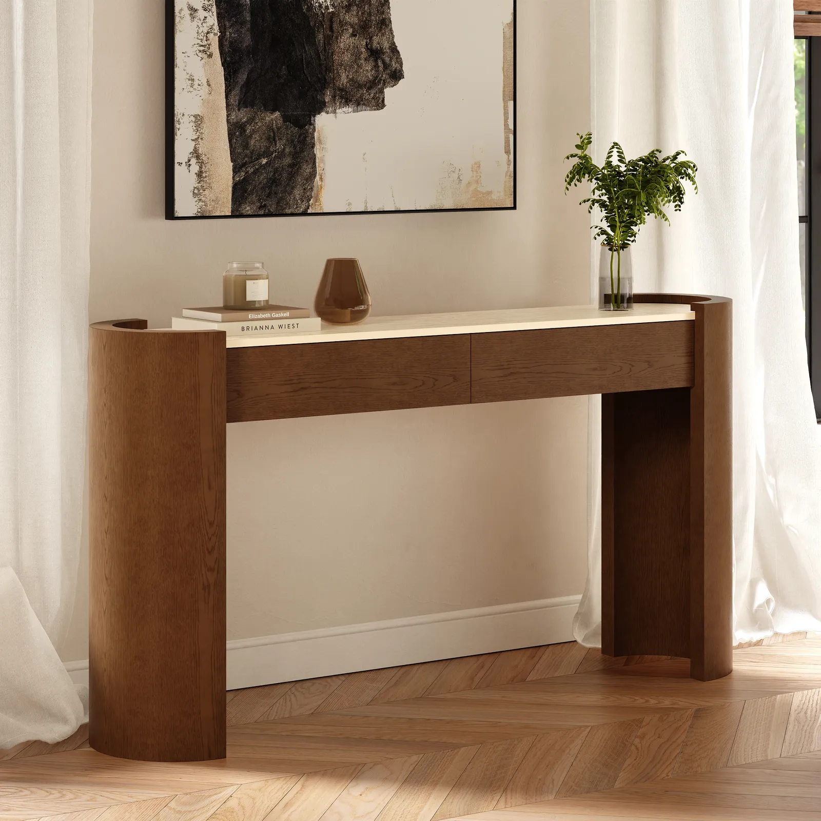 Japandi 60" Oval Sintered Stone Console Table With 2 Drawers