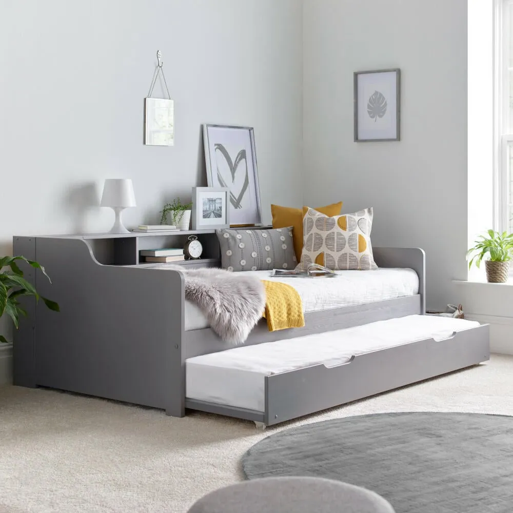 Tyler - Single Day Bed - Guest Bed with Underbed Trundle - Grey - Wooden - 3ft - Happy Beds 1