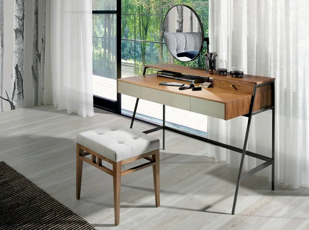 Angel Cerda Tufted Grey Fabric Stool with Walnut Legs 6