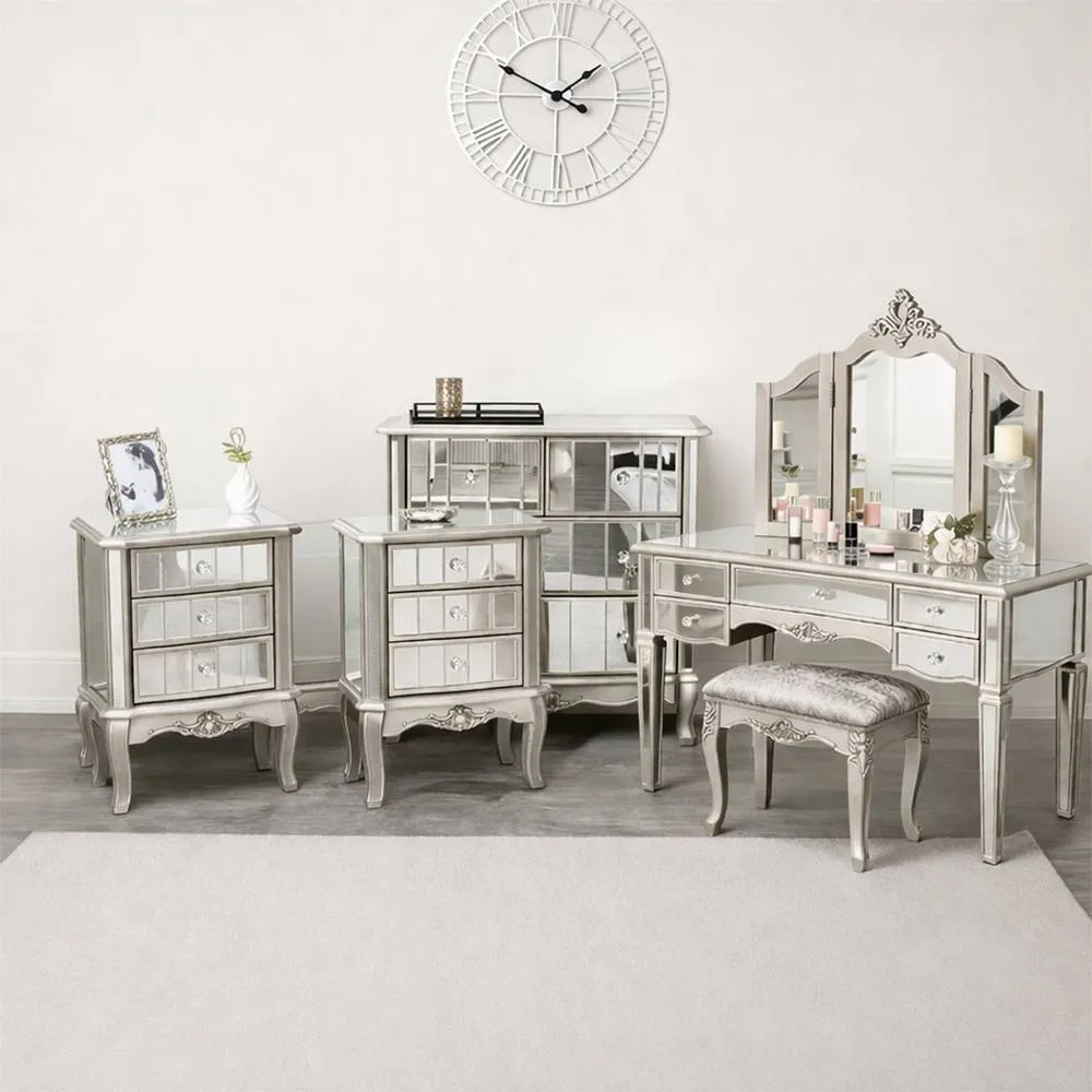 Melody Maison Chest, Dressing Table Set & 3 Drawer Bedside Tables - Tiffany Range in Silver