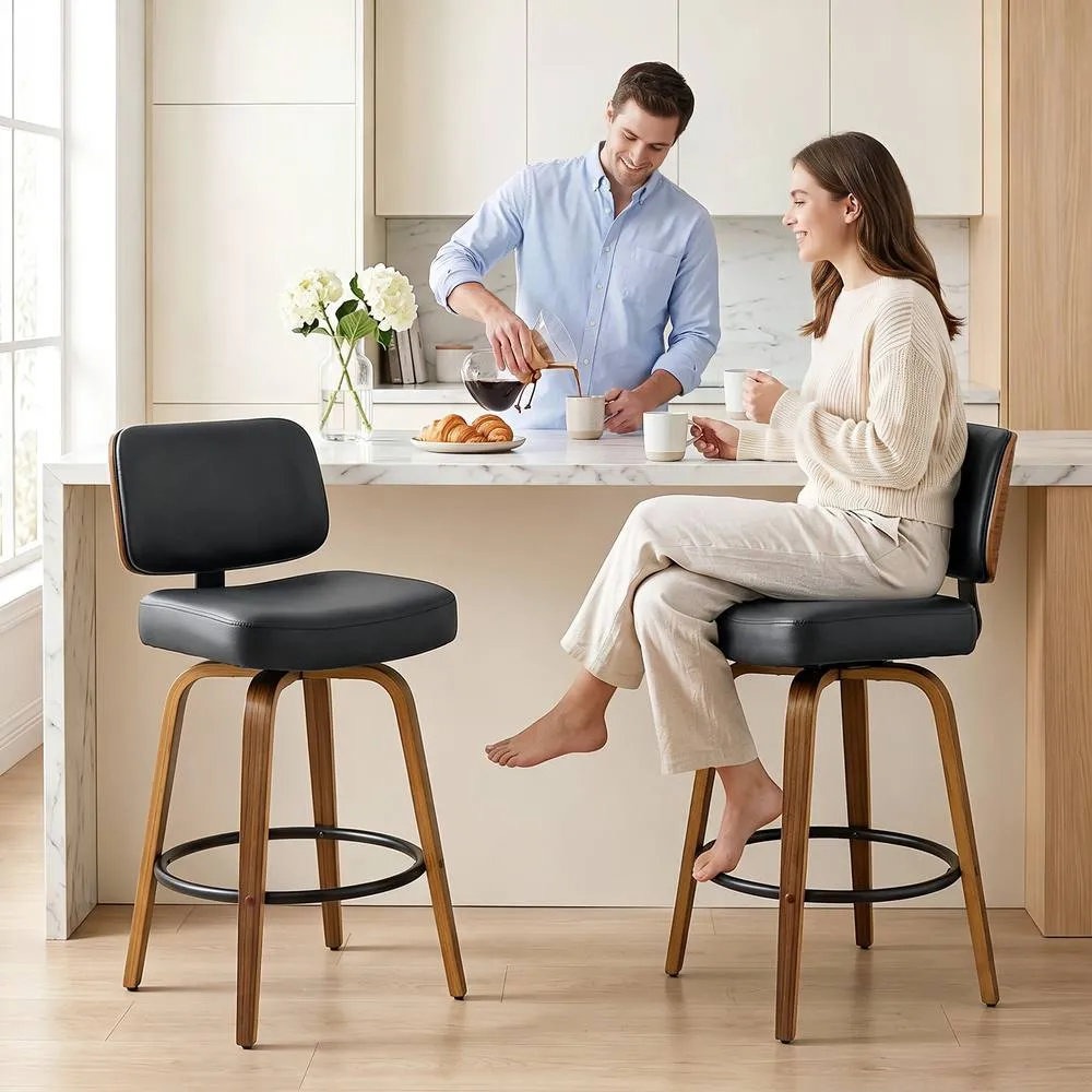 HOMCOM Bar Stools Set of 2, 360° Swivel Padded Seat, Curved Wood Legs, Black 2
