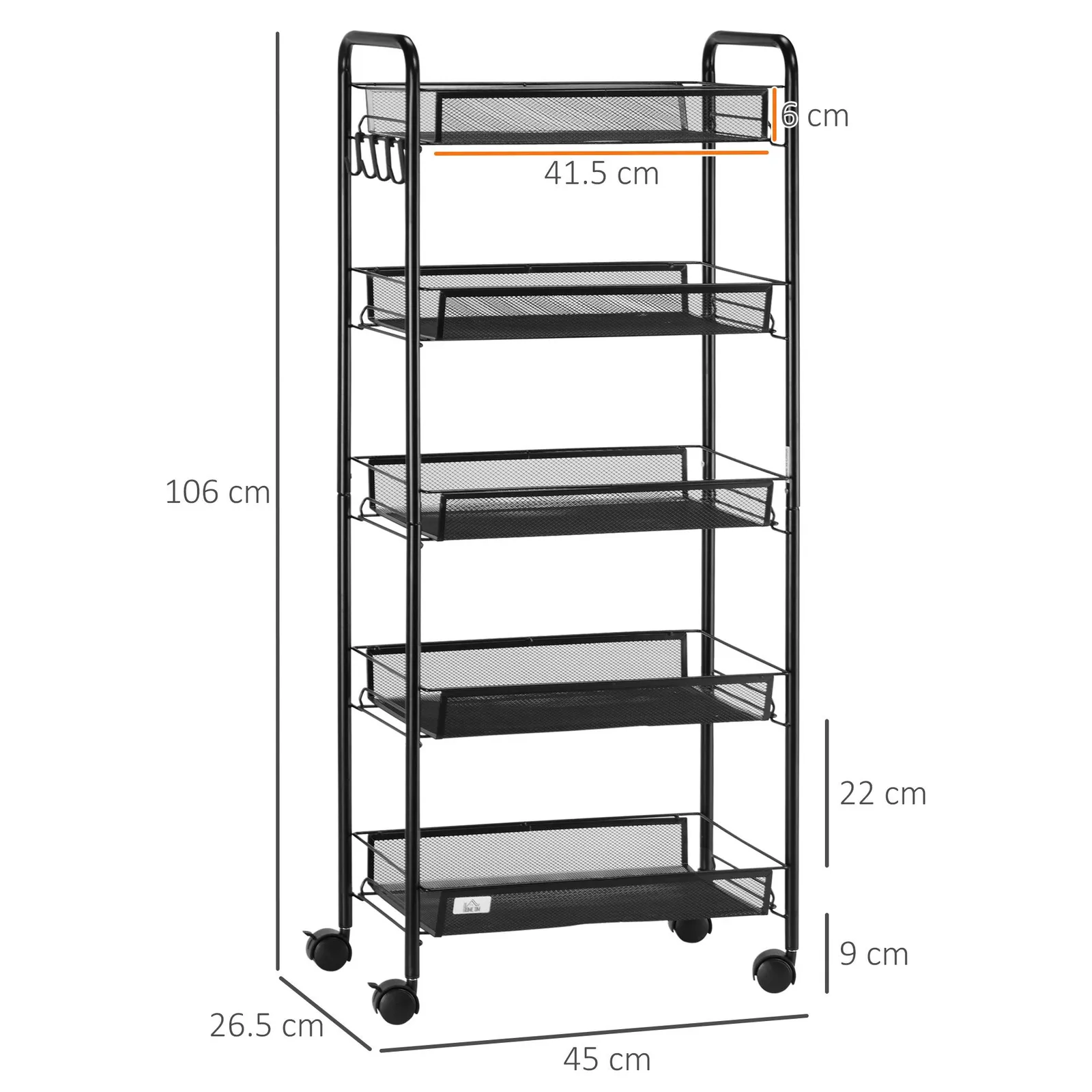 HOMCOM 5 Tier Utility Rolling Cart with Removable Mesh Baskets, Black 3