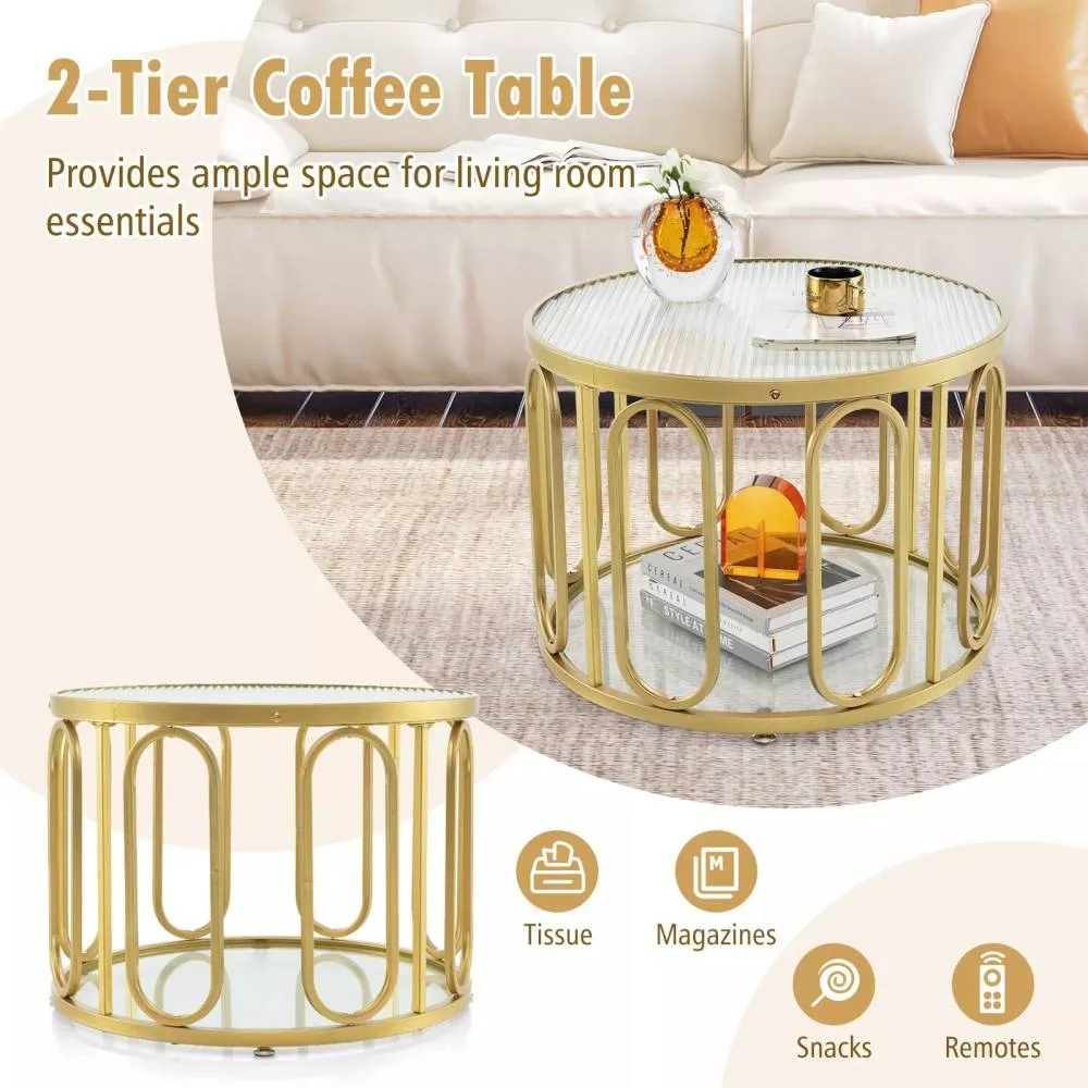 Costway 60cm Round Coffee Table 2-Tier Accent Table Modern Sofa Center Table in Gold 6