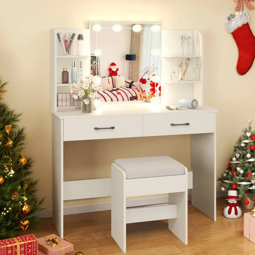 Costway Modern Vanity Desk Set Dressing Table & Chair Set w/Mirror & Lights in White 4