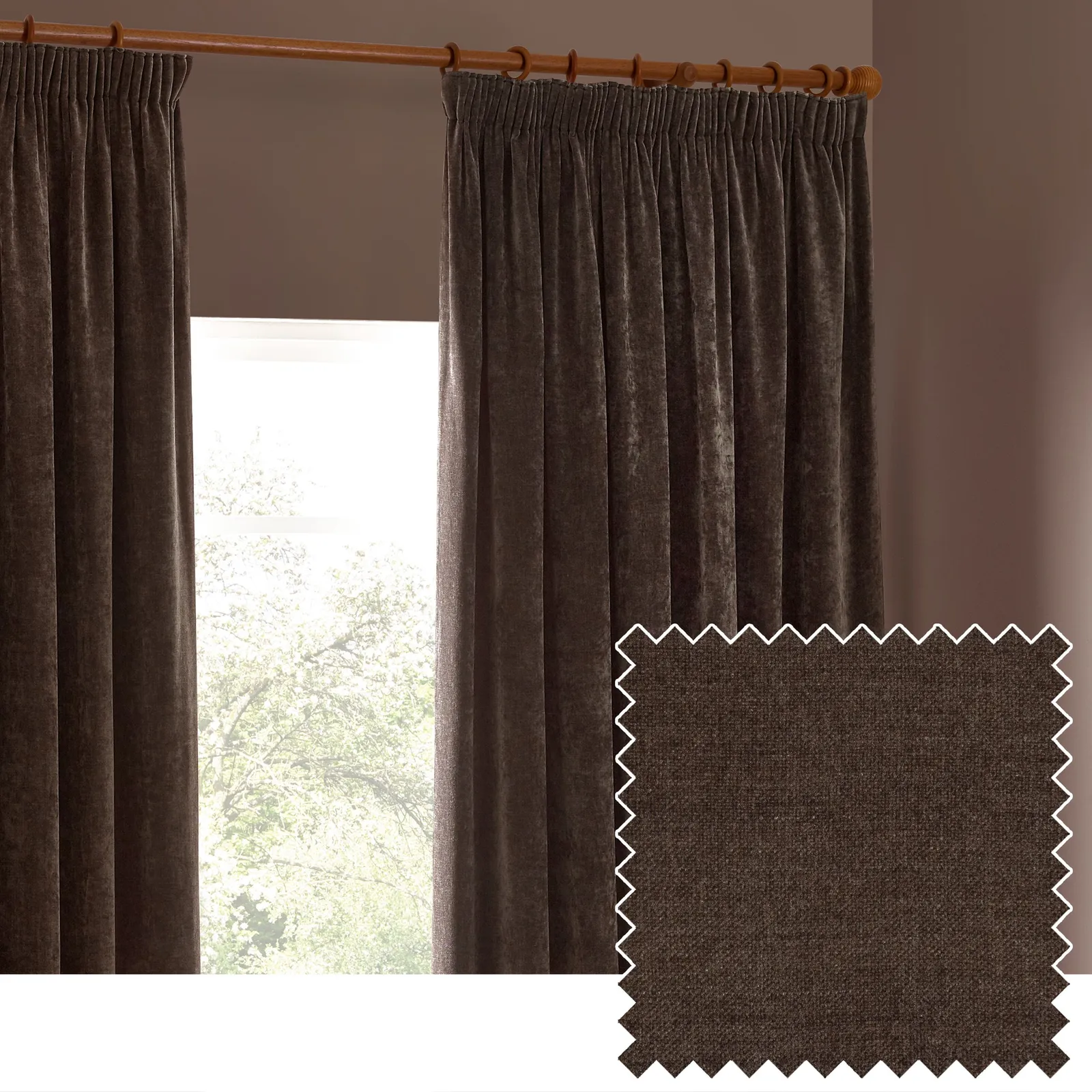 Yard Heavy Chenille Velvet Room Darkening Pencil Pleat Curtain Pair in Brown 1