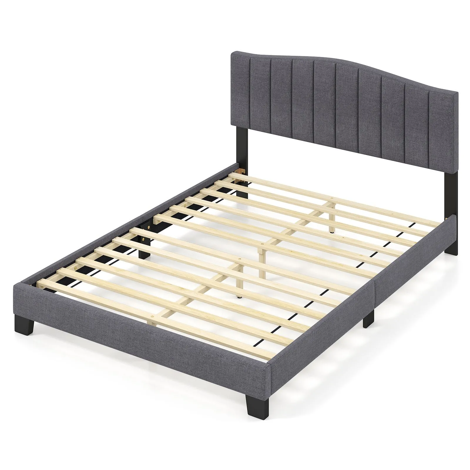 Costway Modern Upholstered Bed Frame Double Size Platform Bed in Grey