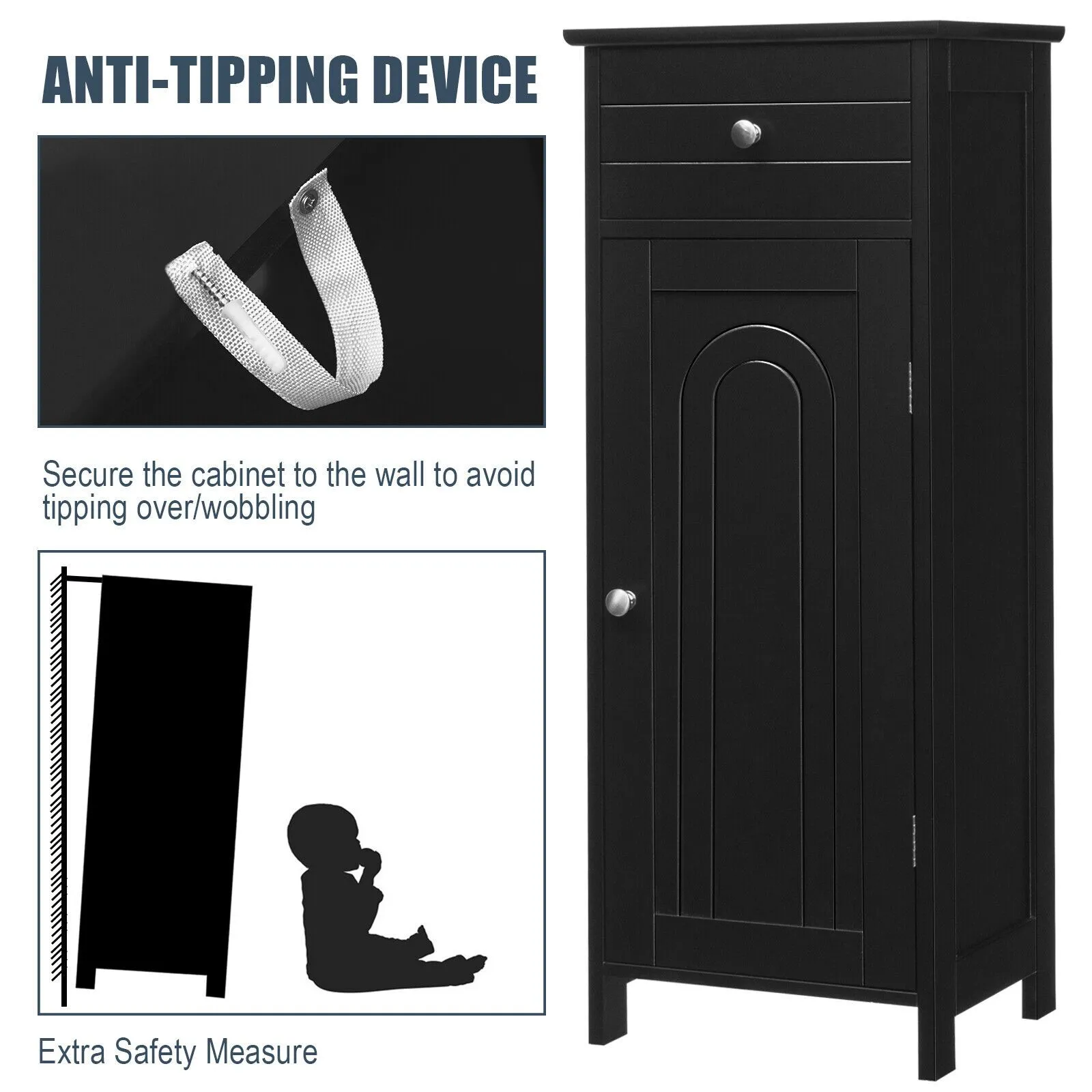 Costway Bathroom Wooden Storage Cabinet Floor Standing Cupboard w/ Single Door & Drawer in Black 6