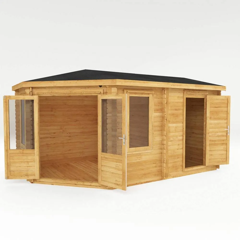 Mercia 5 x 3 m Corner Lodge Plus 28 mm Log Cabin with Side Shed in Brown 2