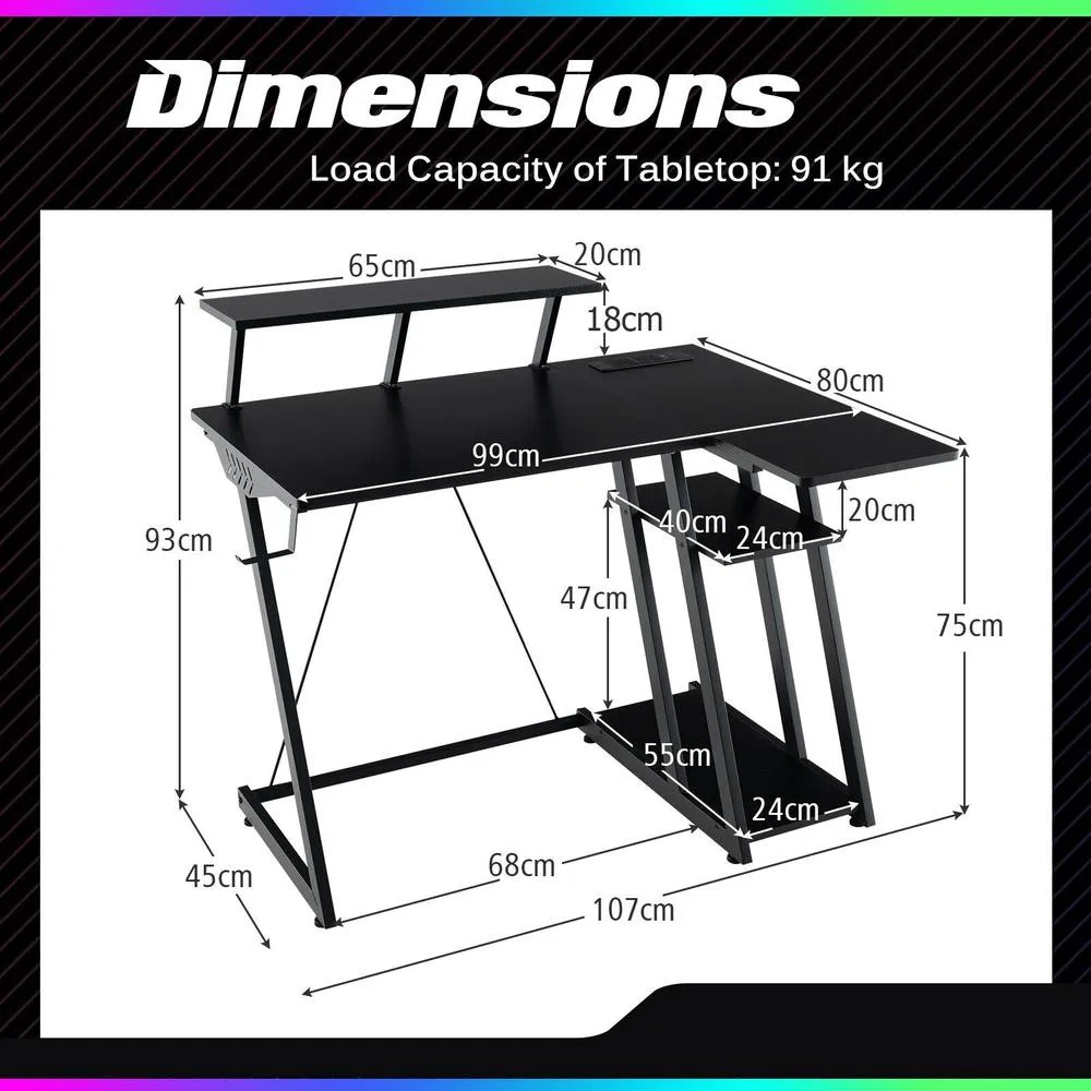Costway L-Shaped Gaming Desk Small Computer Desk w/ Monitor Shelf & Outlets in Black 2