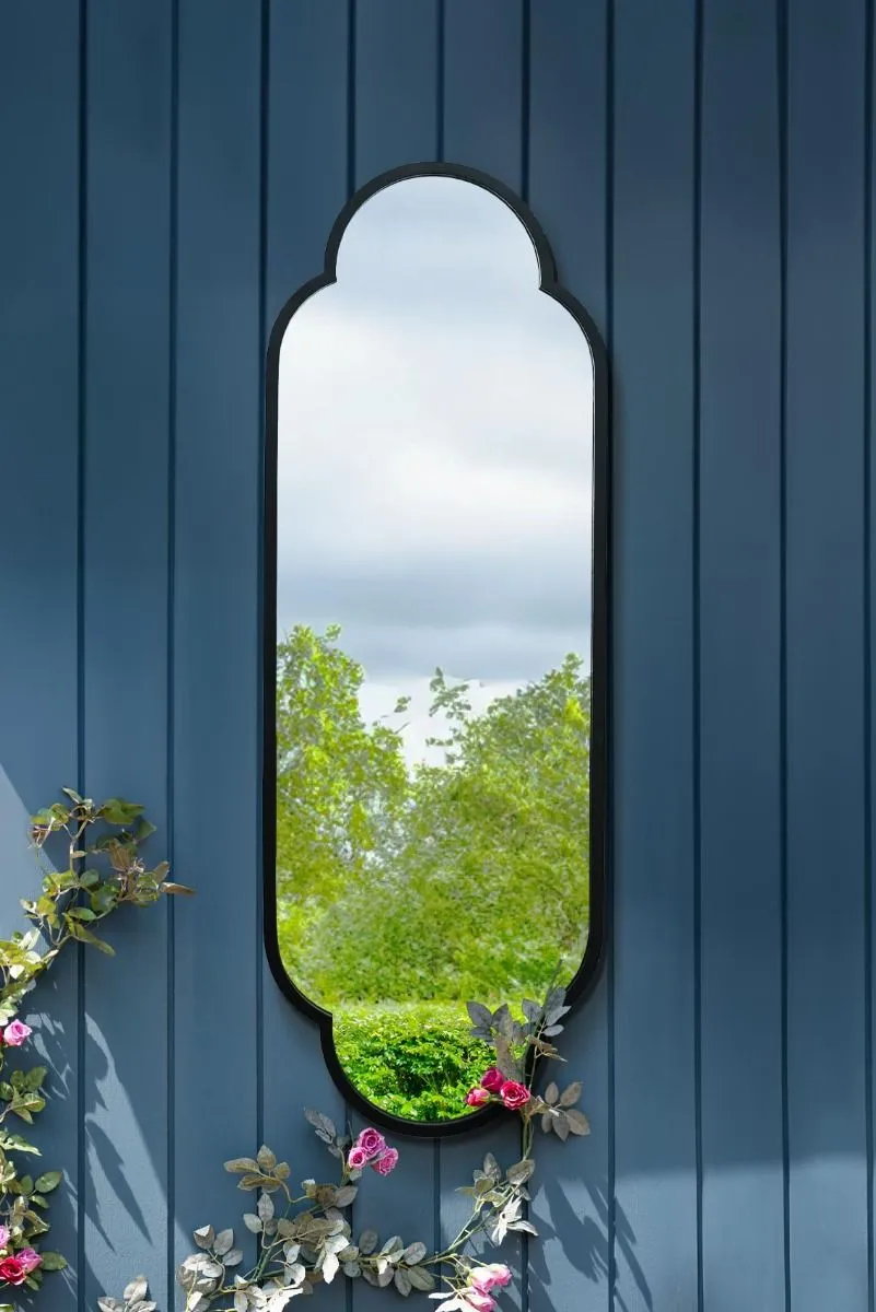 MirrorOutlet Black Metal Framed Double Arched Oval Garden Wall Mirror 59" X 20" (150CM X 52CM)