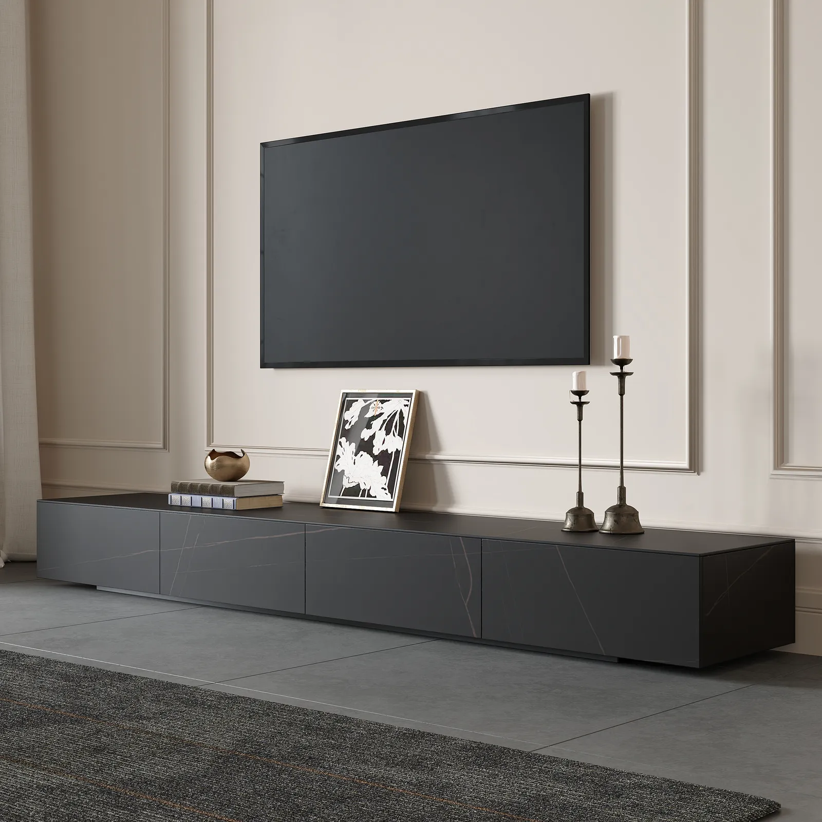 2200 mm Black TV Stand Faux Marble with Storage