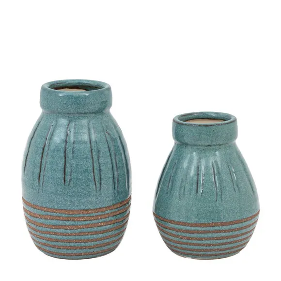 Cedar & Sage Set of 2 Southwold Ribbed Ceramic Teal Vase 5