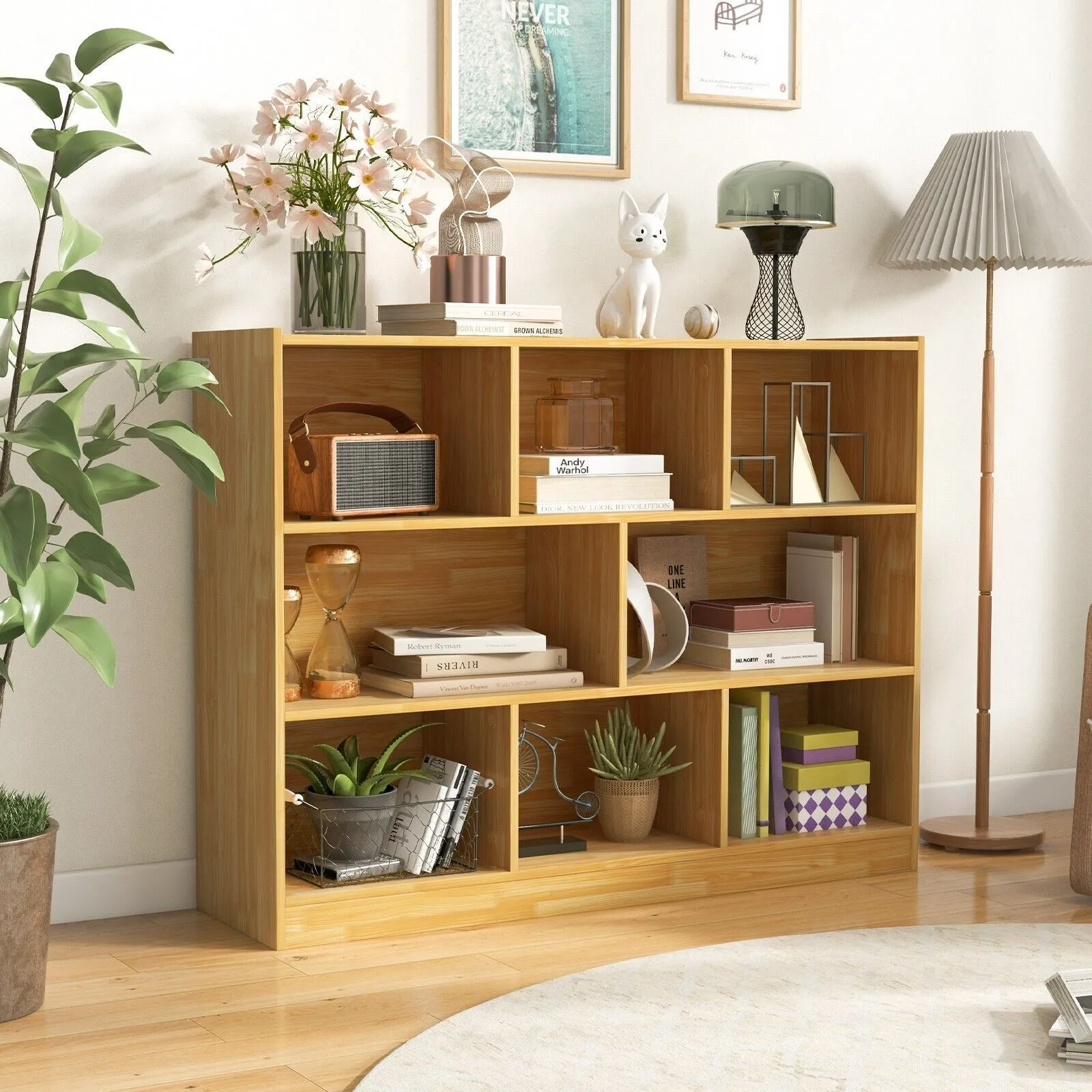 Costway Wood Storage Cube Bookcase 3 Tier 8 Cube Open Shelf Storage Cabinet in Yellow 3