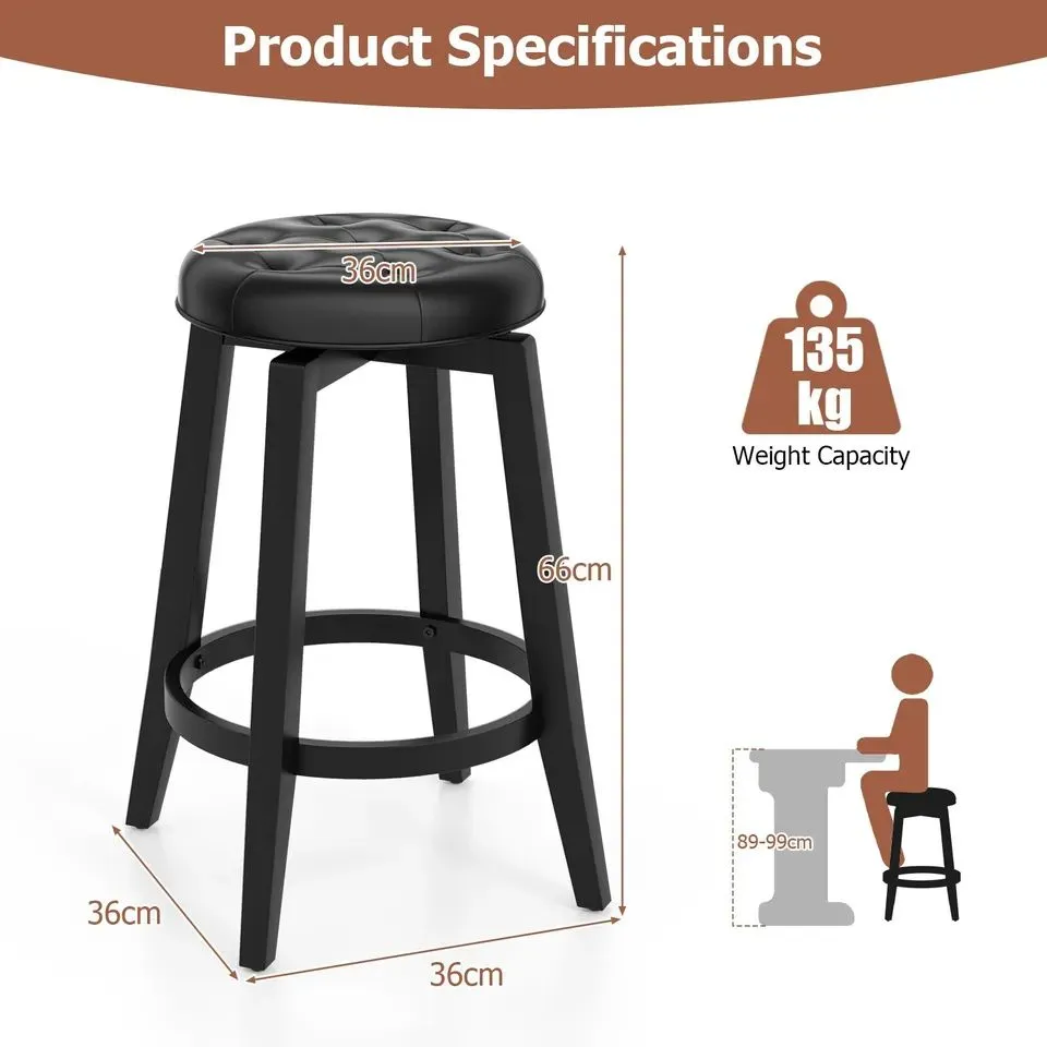 Costway Set of 2 Bar Stools Kitchen Upholstered Chair 360 Swivel Pub Stool 66cm in Black 2
