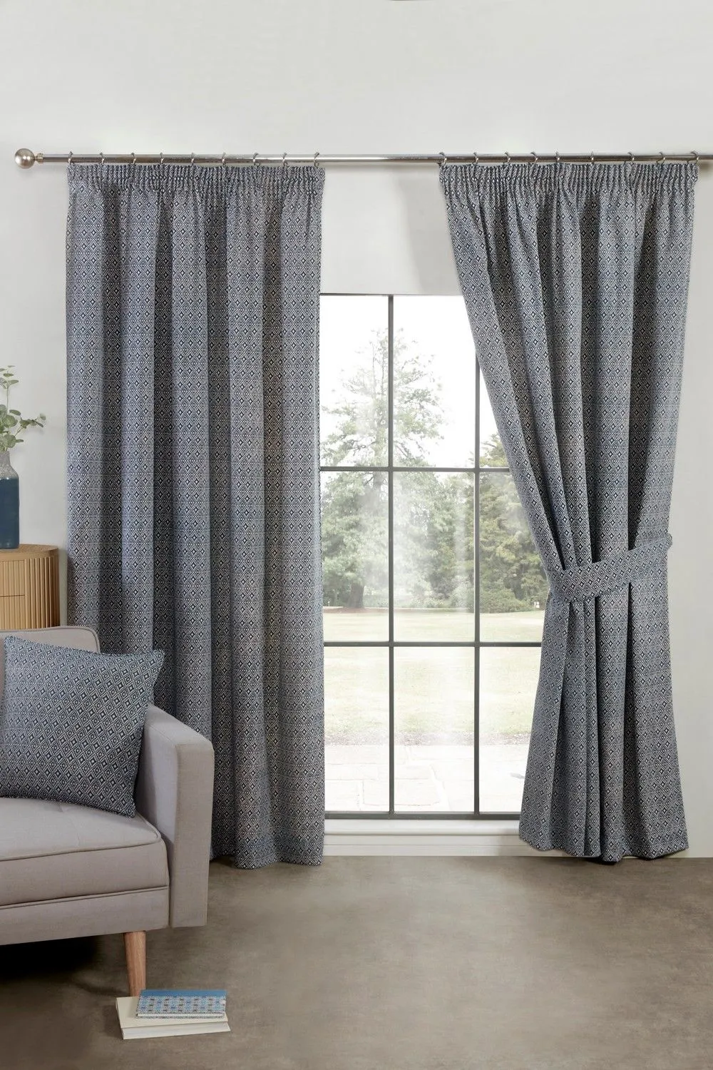 Sundour Aztec Pencil Pleat Fully Lined Ready Made Taped Top Curtain Pair in Navy 1