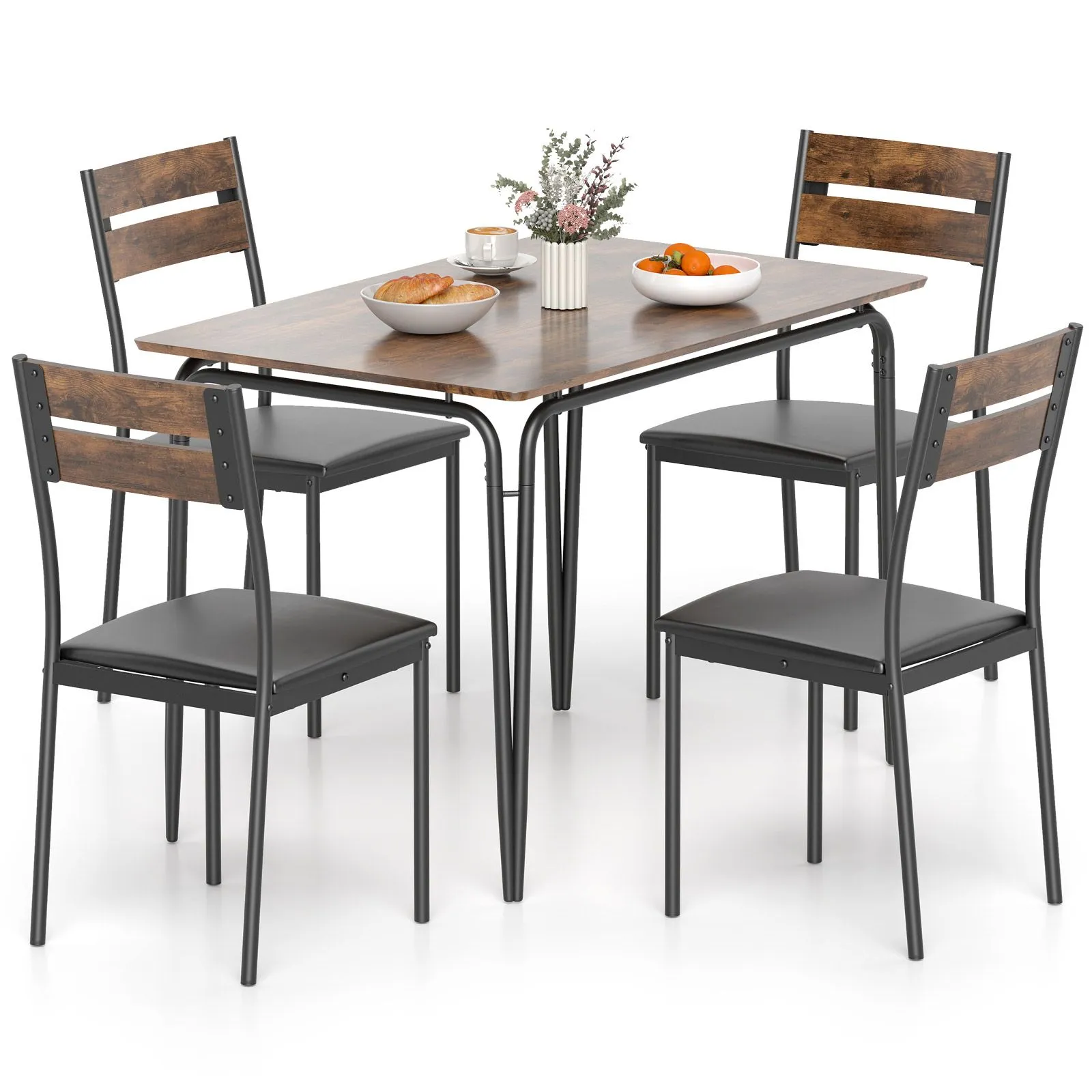 Costway 5PCS Dining Table Set Rectangular Kitchen Table & 4 Armless Chairs in Brown