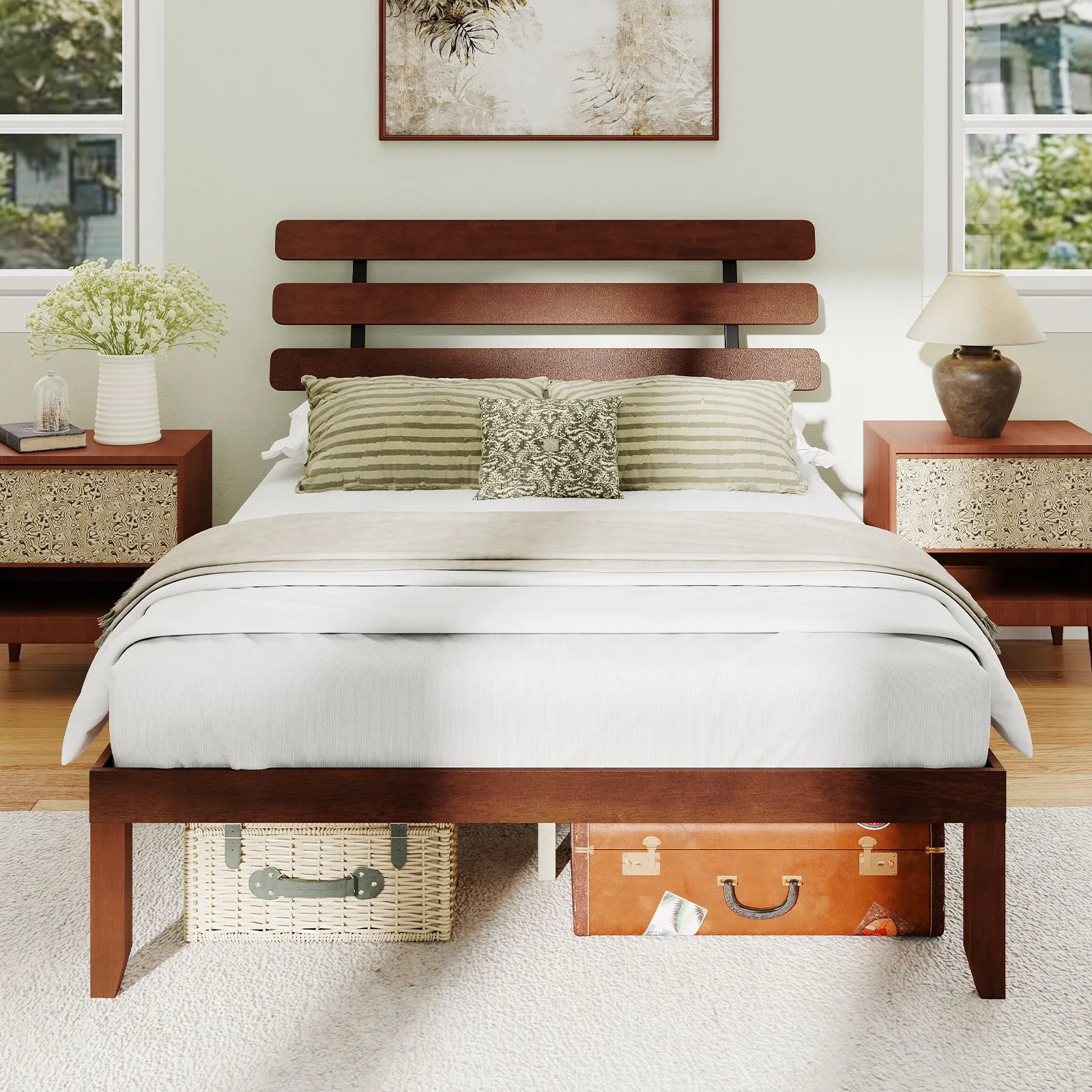 Costway King Size Bed Frame Solid Wood Platform Bed w/Retro Headboard in Walnut 3