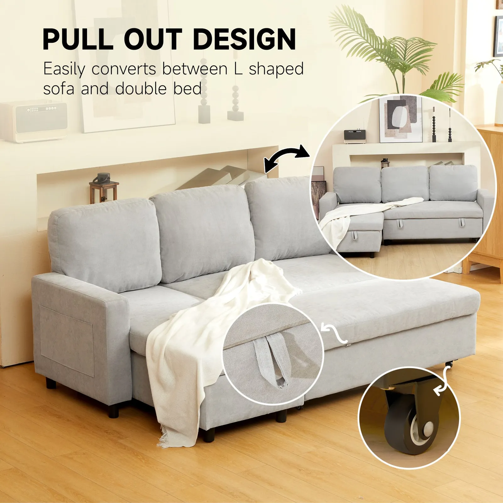 HOMCOM Pull Out Sofa Bed L Shape Corner Sofa w/ Reversible Chaise in Light Grey 4