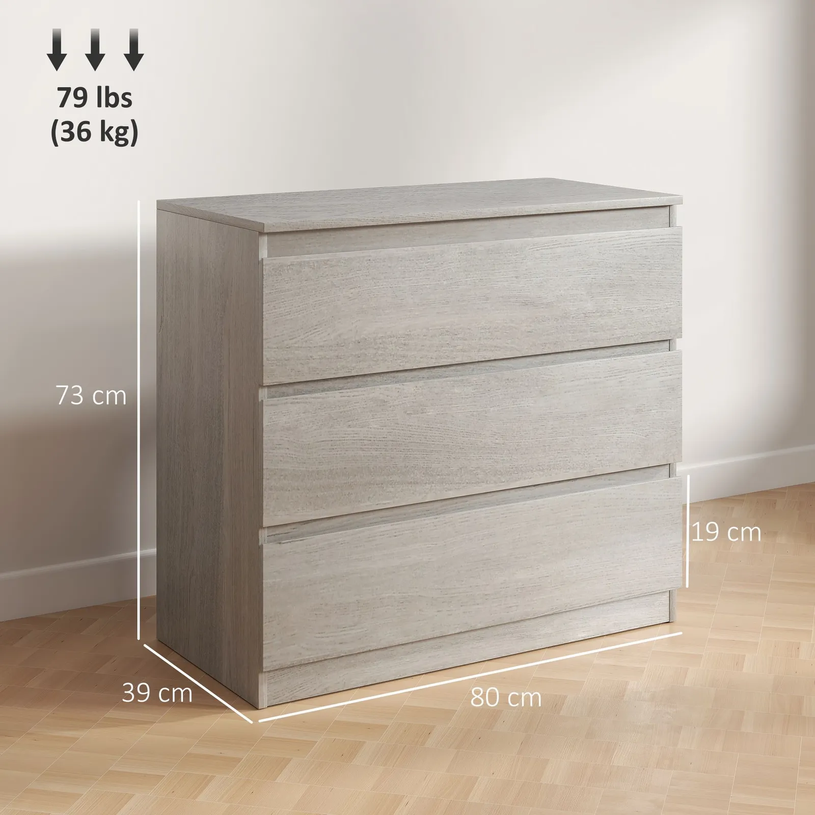 HOMCOM Chest of Drawers, 3 Drawer Storage Cabinet Unit for Bedroom in Grey 3