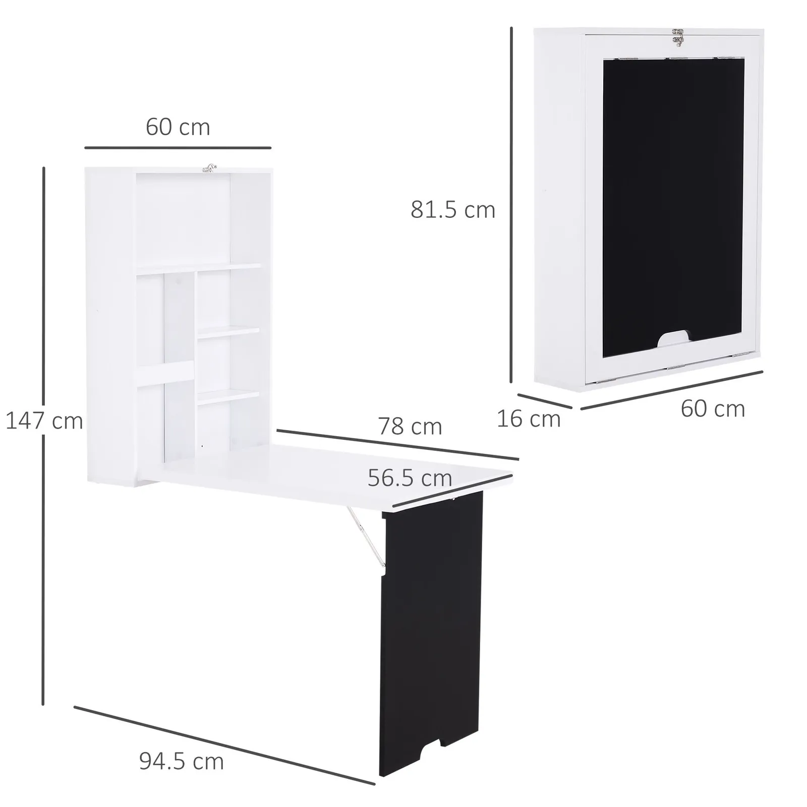 HOMCOM Multi-Functional Folding Wall-Mounted Drop-Leaf Table w/Chalkboard Shelf in White 3